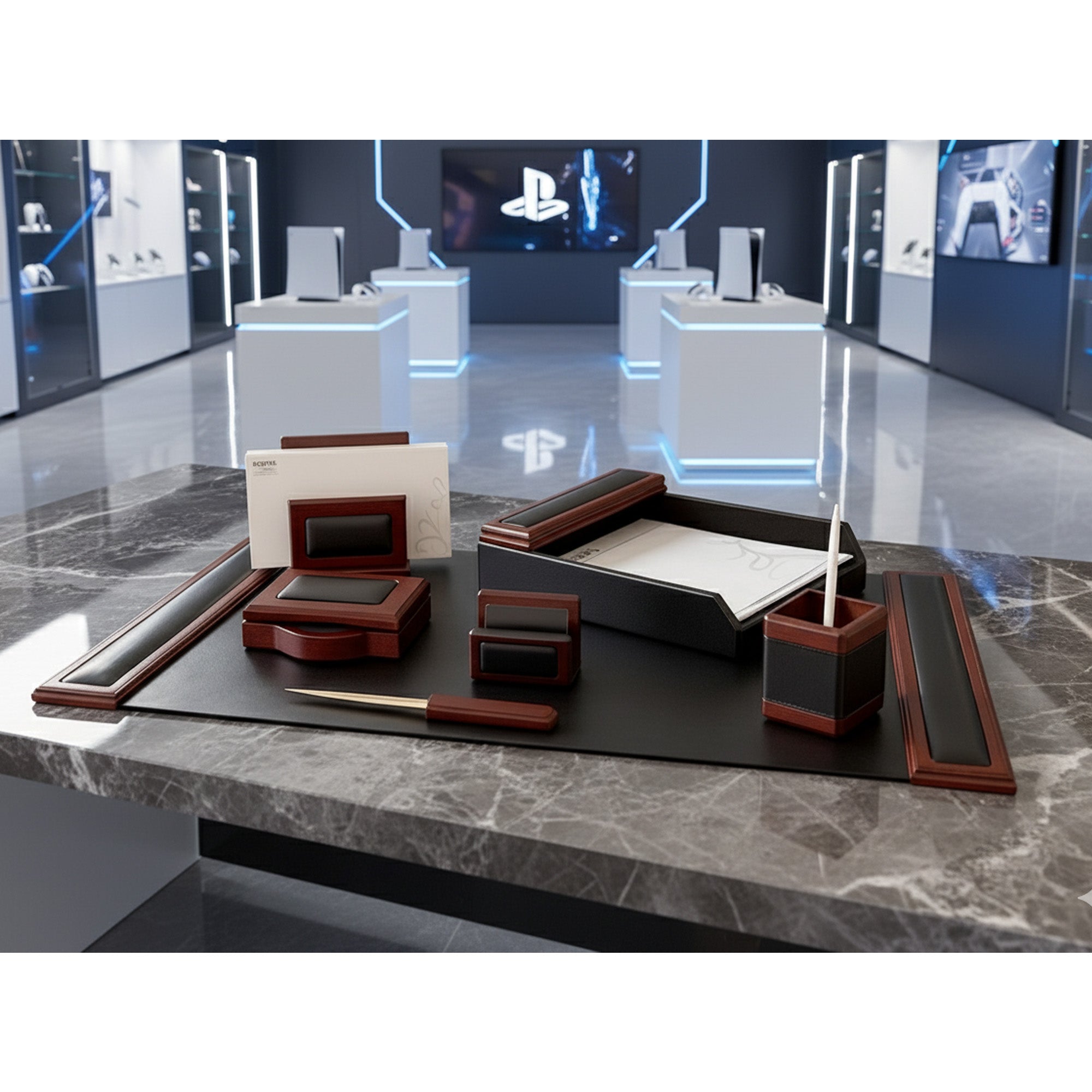 Mahogany (Rosewood) & Black Leather 7-Piece Desk Set