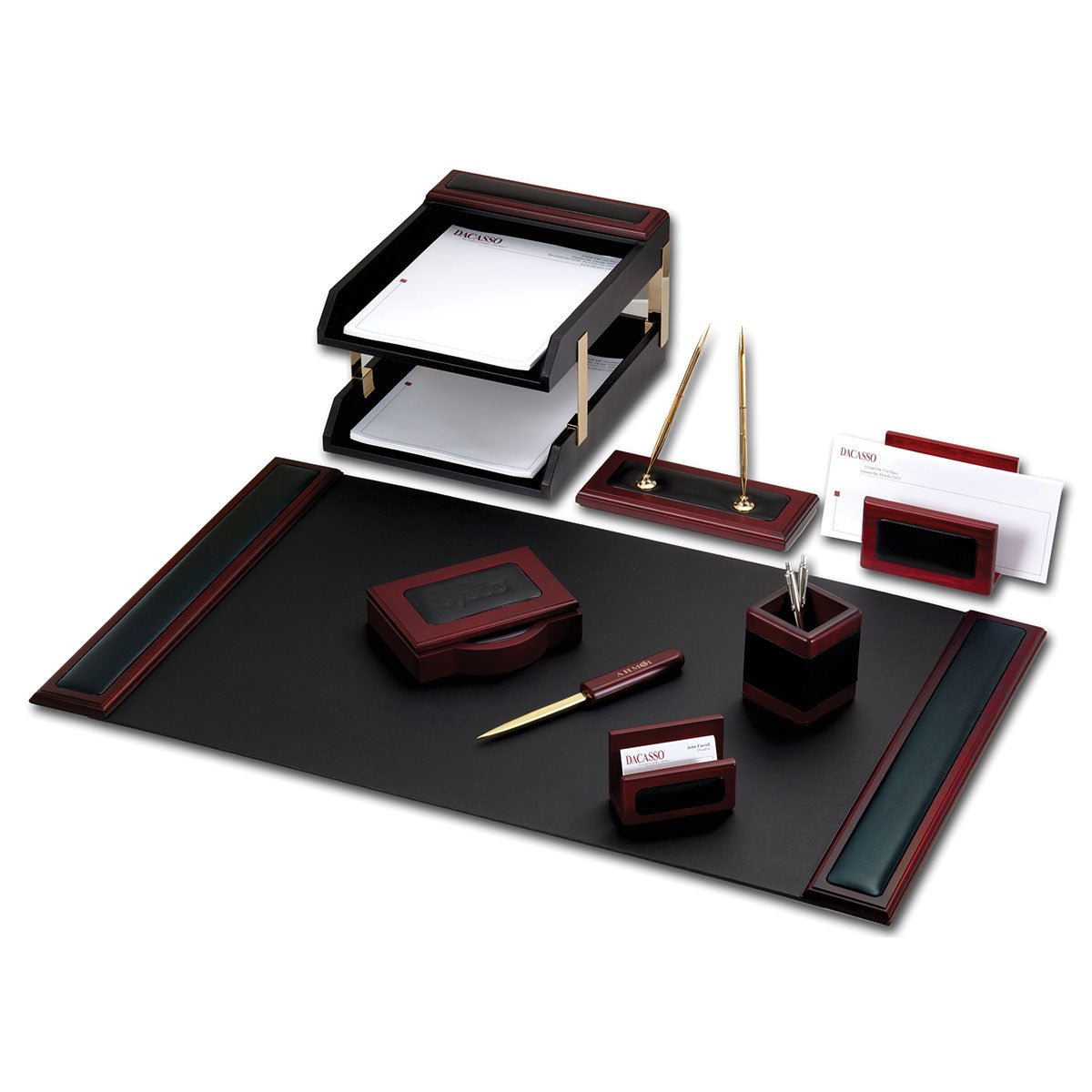 Mahogany (Rosewood) & Black Leather 10-Piece Desk Set