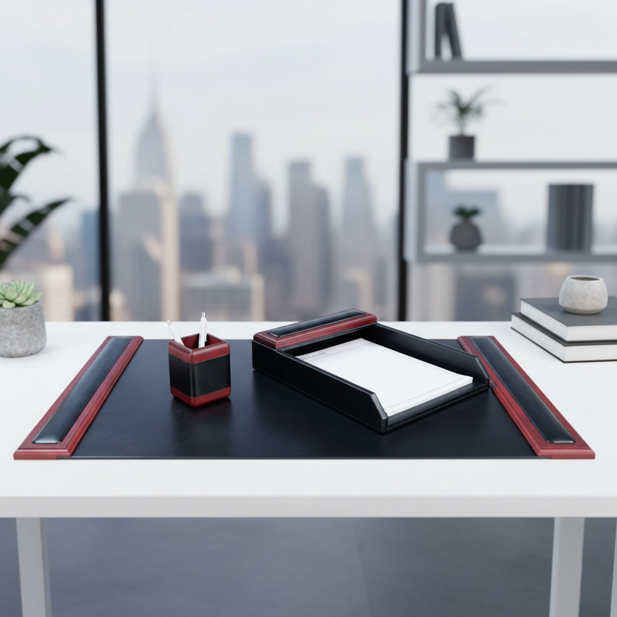 Mahogany (Rosewood) & Black Leather 3-Piece Desk Set