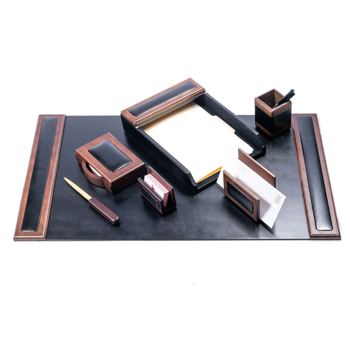 Walnut & Black Leather Desk Set, 7pc
