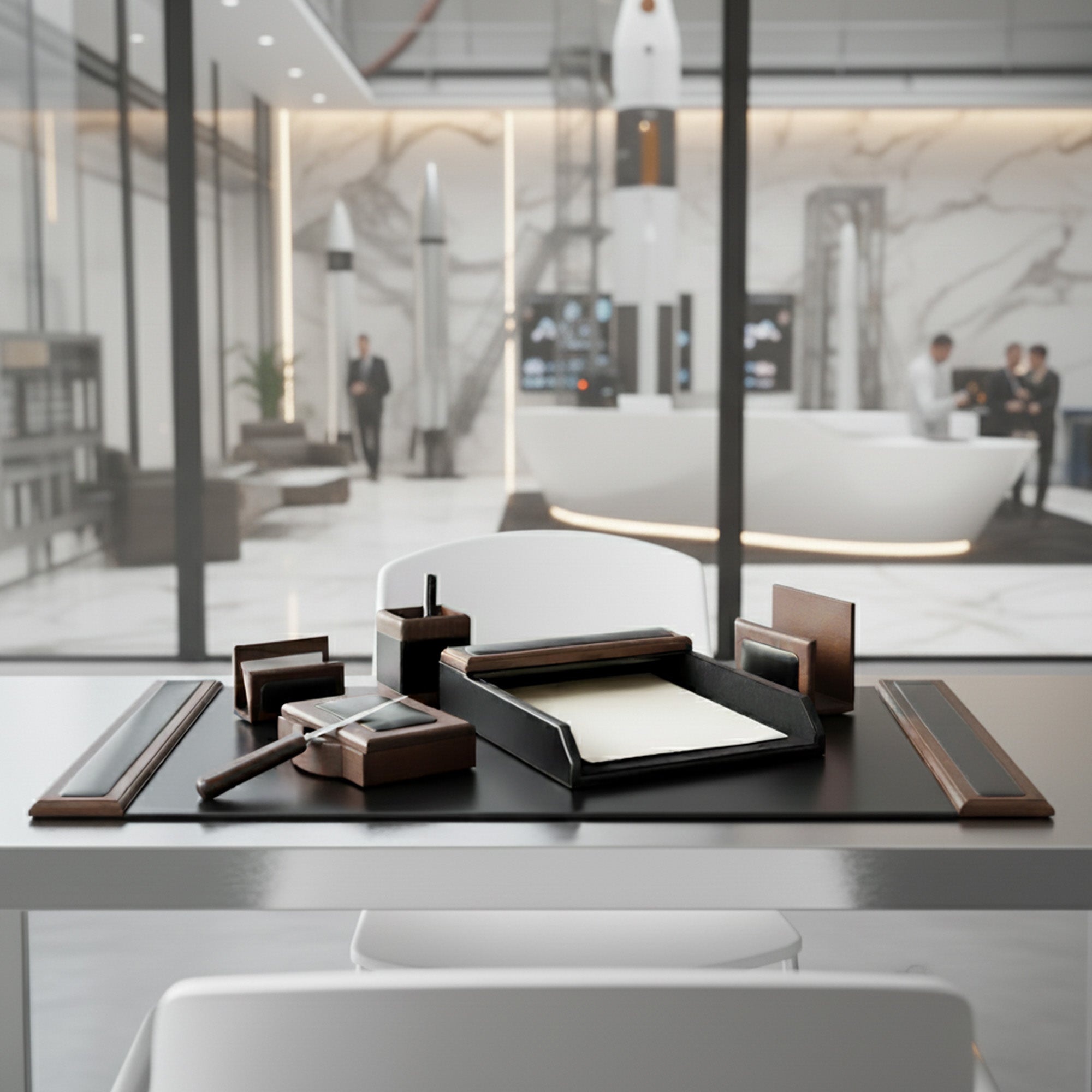 Walnut & Black Leather Desk Set, 7pc