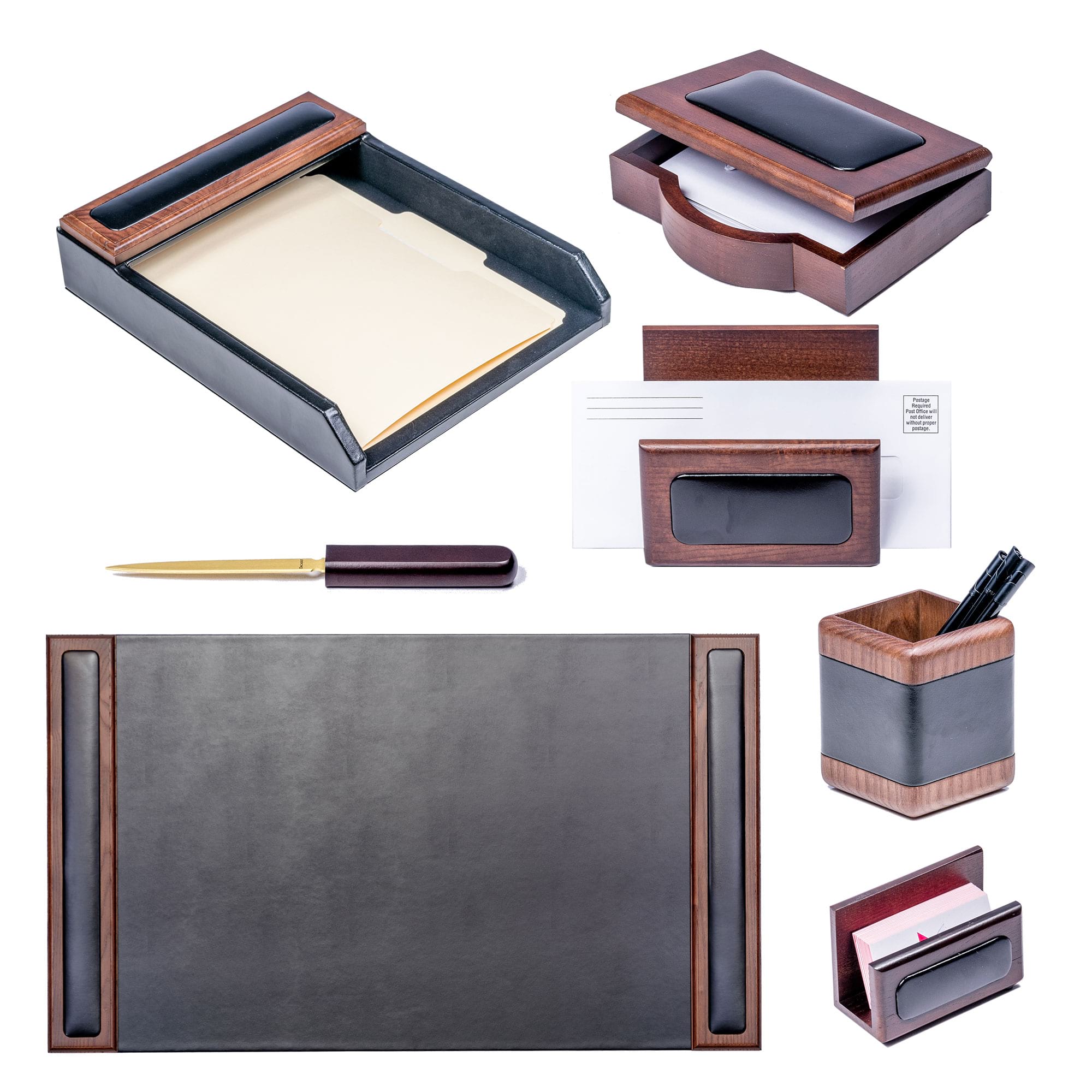 Walnut & Black Leather Desk Set, 7pc