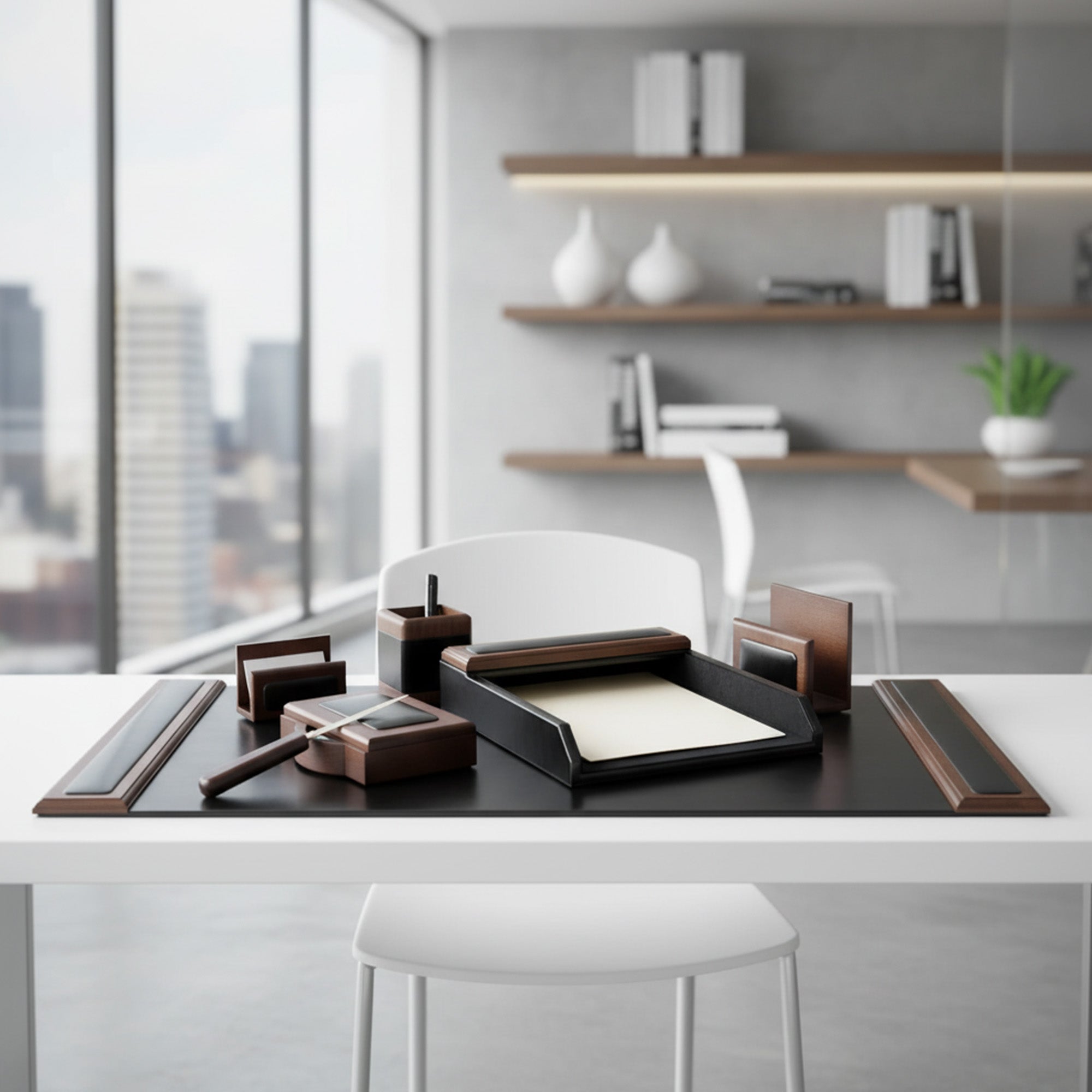 Walnut & Black Leather Desk Set, 7pc