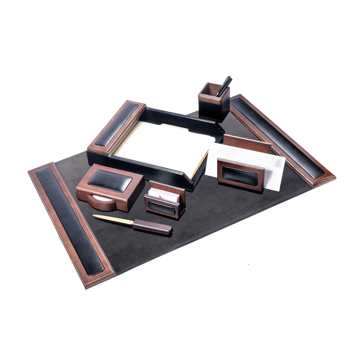 Walnut & Leather 7pc Desk Set with 25.5 x 17.25 Desk Pad