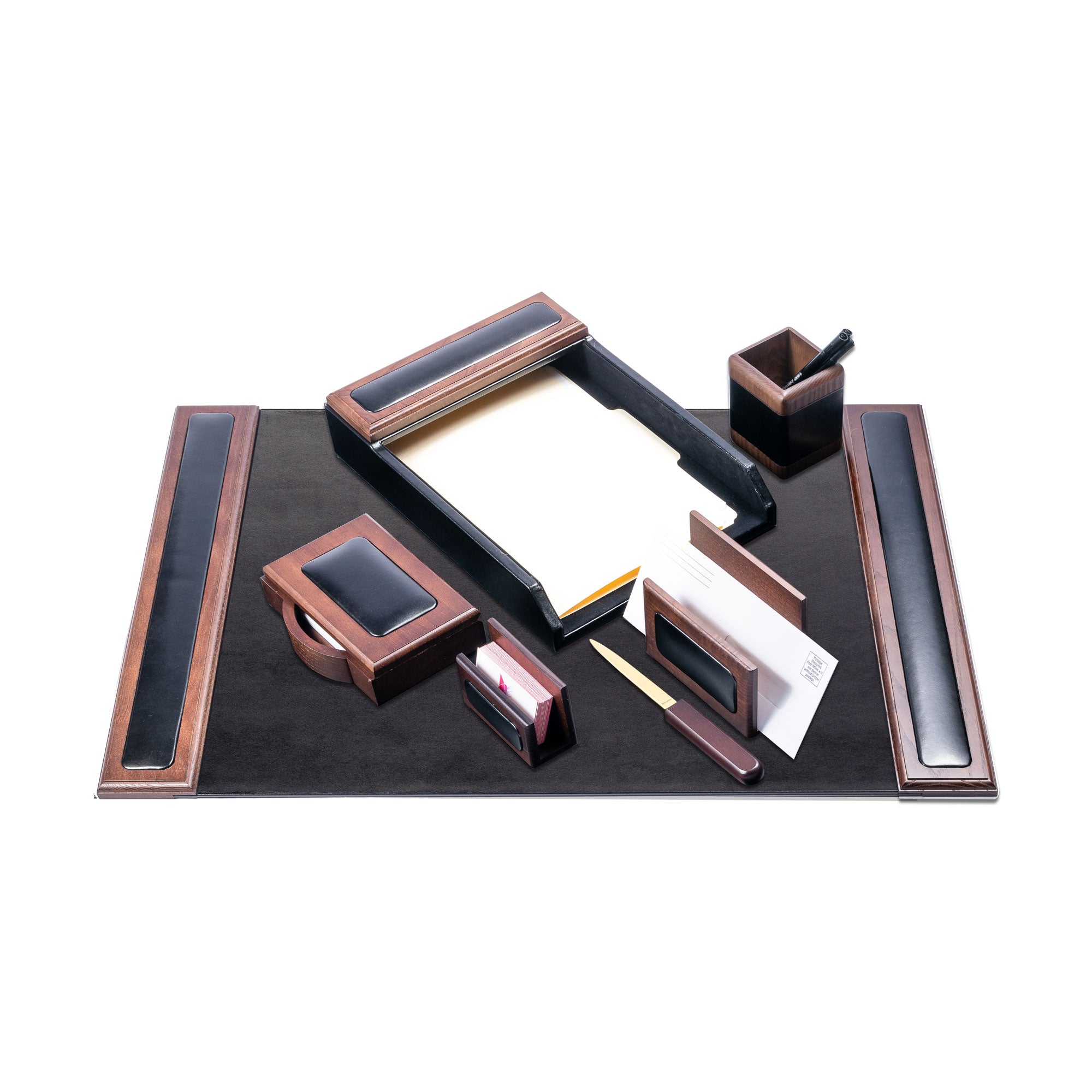 Walnut & Leather 7pc Desk Set with 25.5 x 17.25 Desk Pad