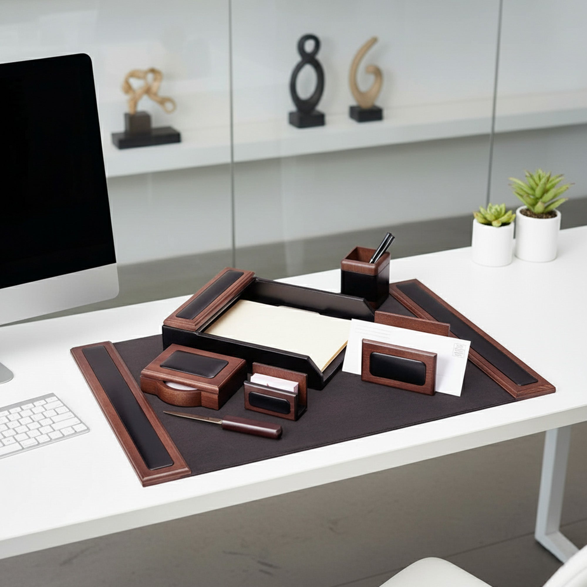 Walnut & Leather 7pc Desk Set with 25.5 x 17.25 Desk Pad