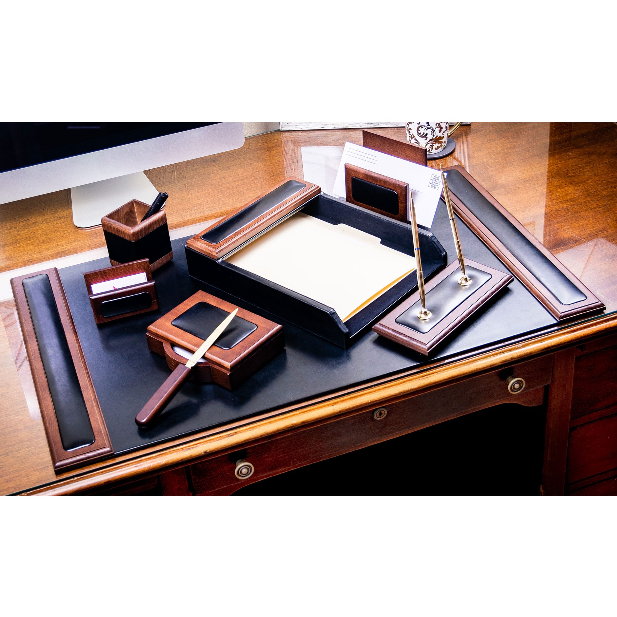 Walnut & Black Leather Desk Set, 8pc