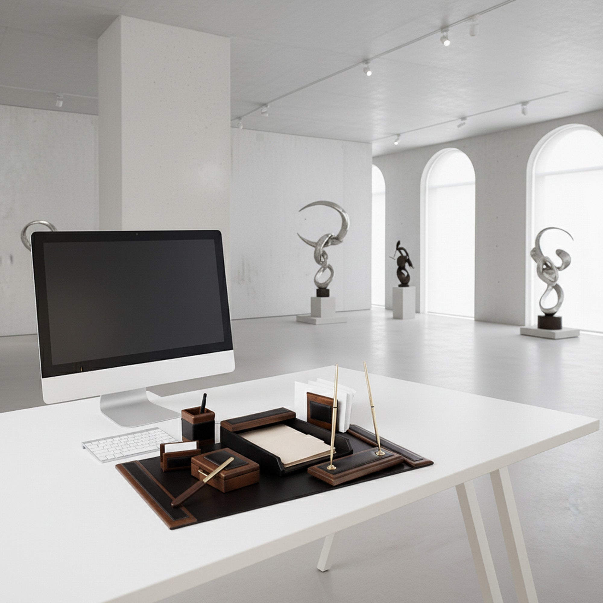 Walnut & Black Leather Desk Set, 8pc