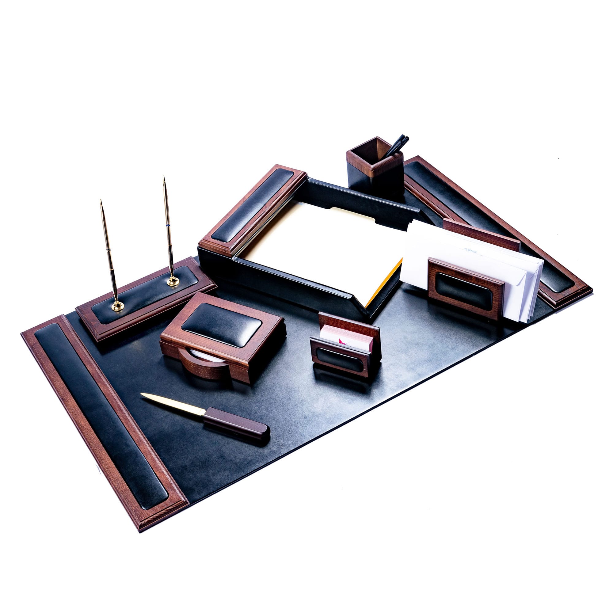 Walnut & Black Leather Desk Set, 8pc