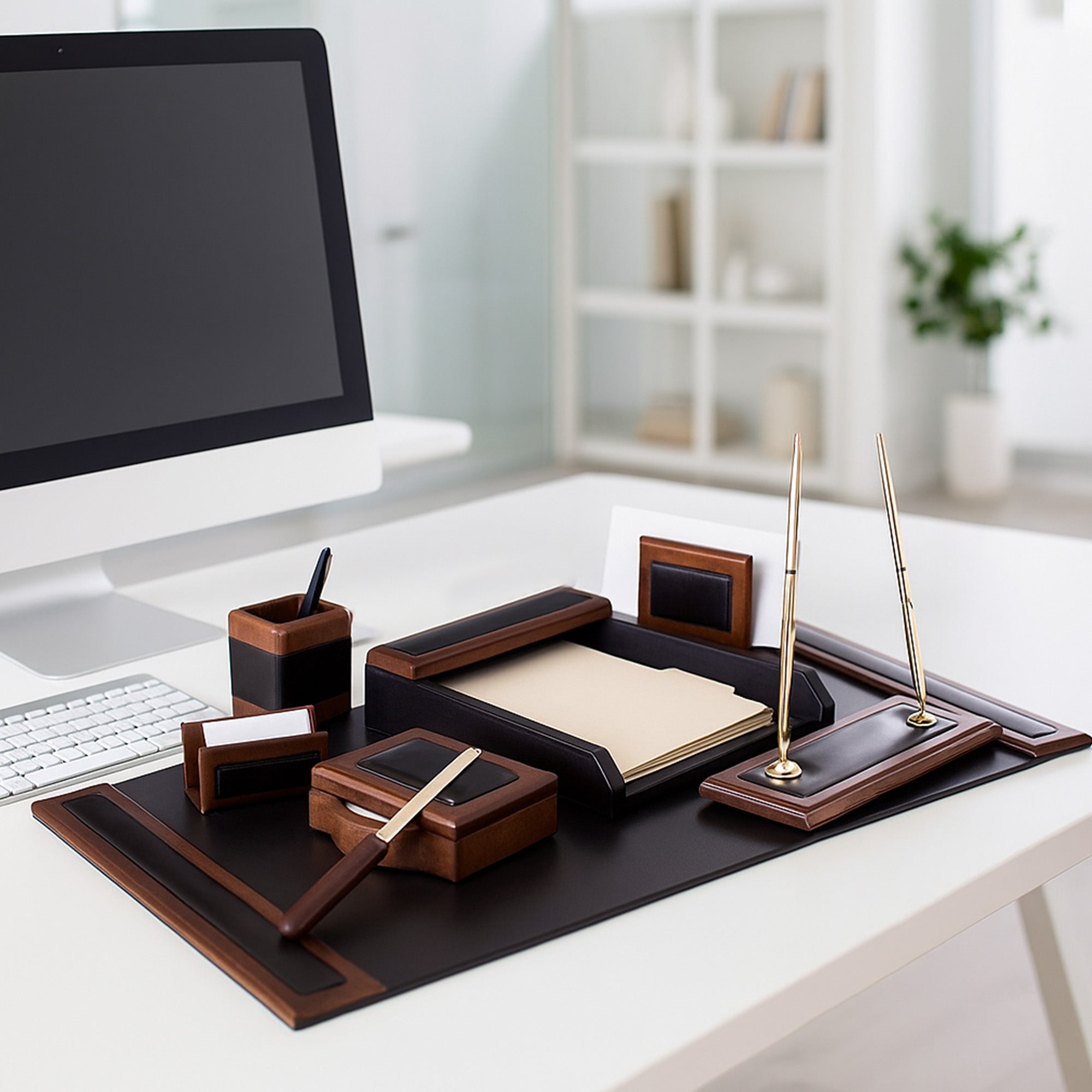 Walnut & Black Leather Desk Set, 8pc