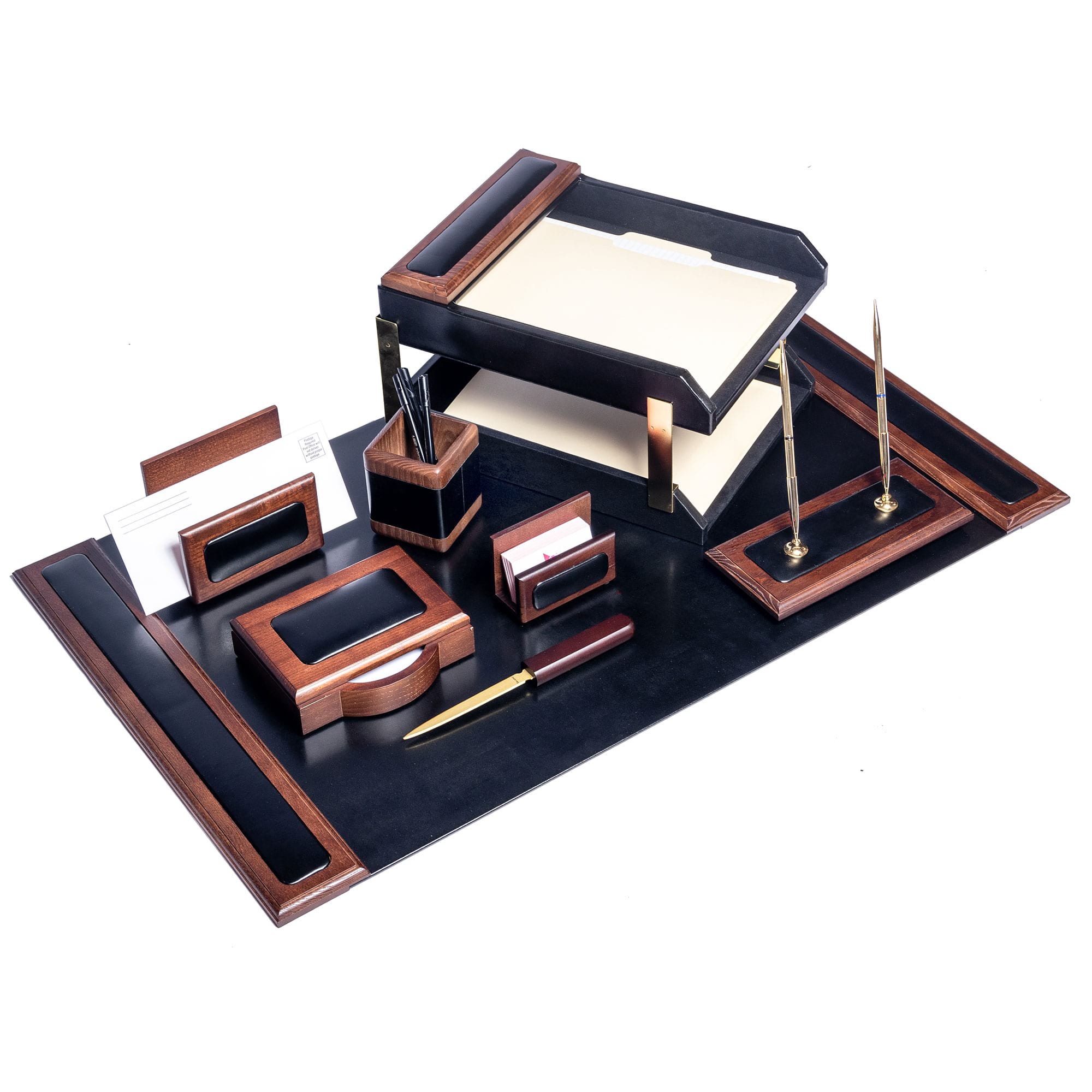 Walnut & Black Leather Desk Set, 10pc
