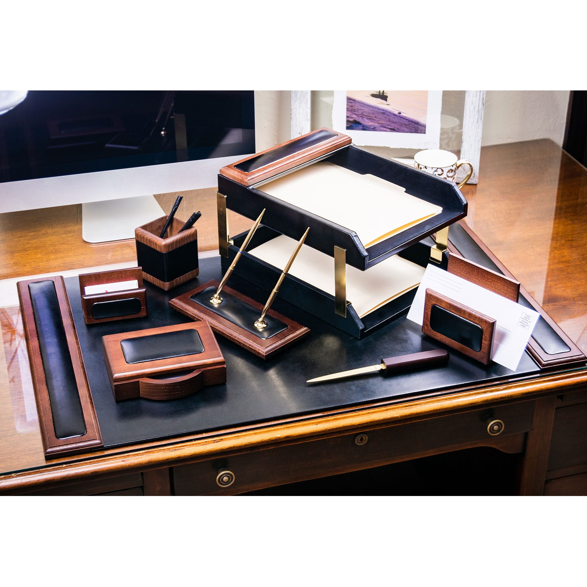 Walnut & Black Leather Desk Set, 10pc