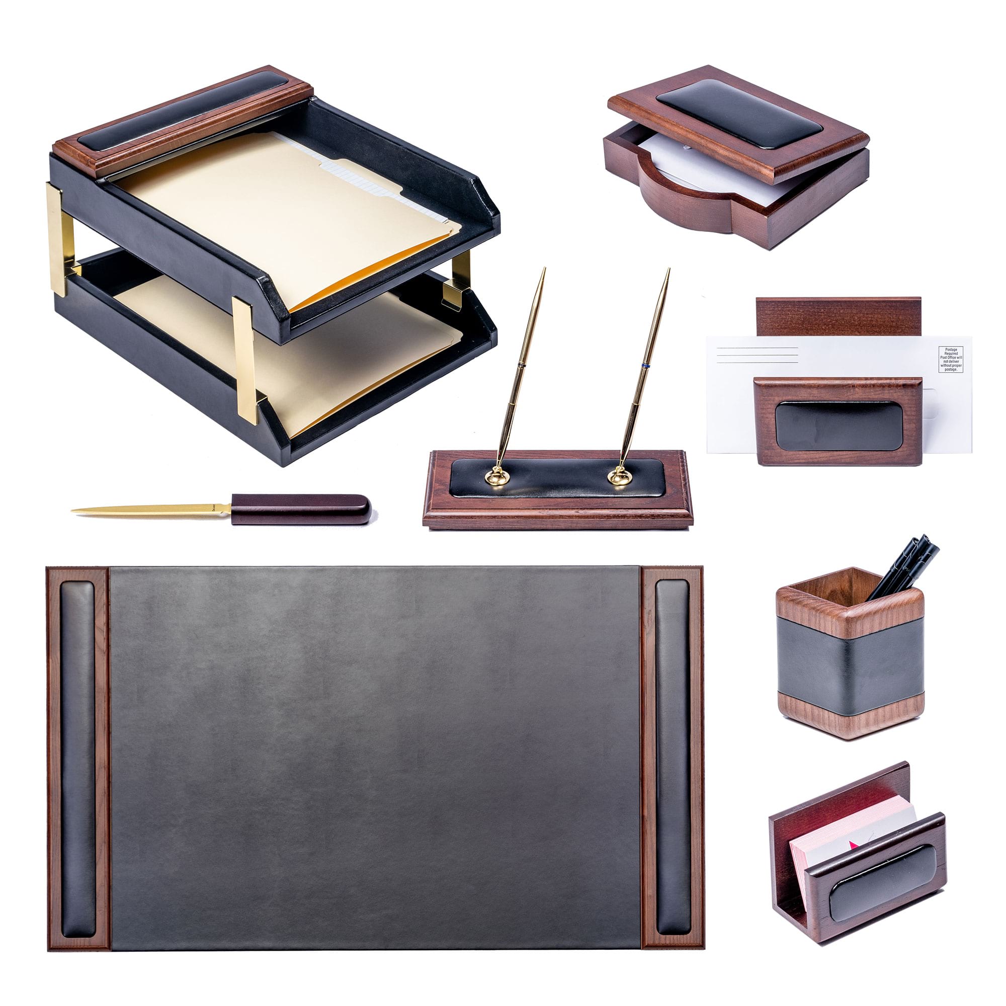 Walnut & Black Leather Desk Set, 10pc
