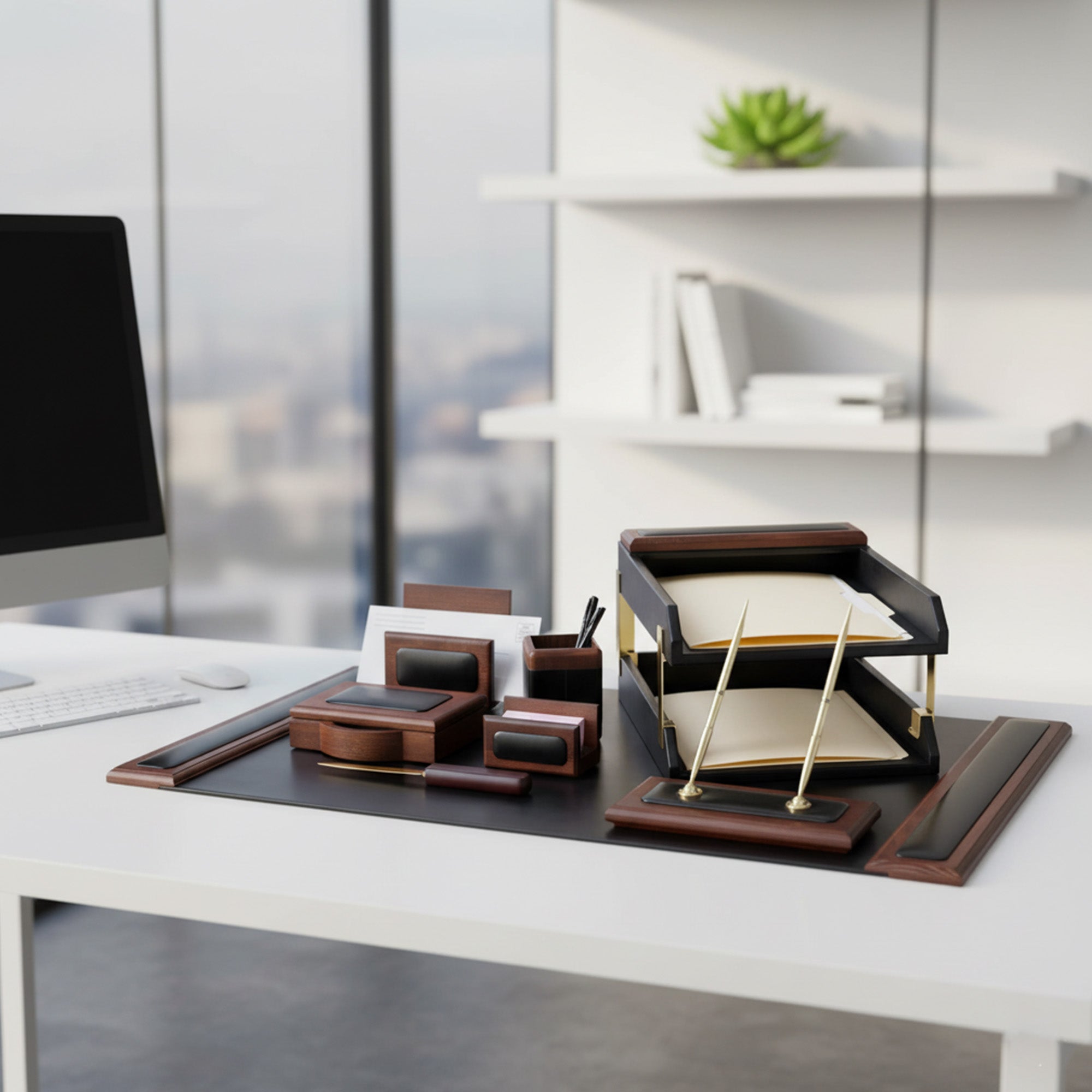 Dacasso Walnut & Leather 10-Piece Desk Set