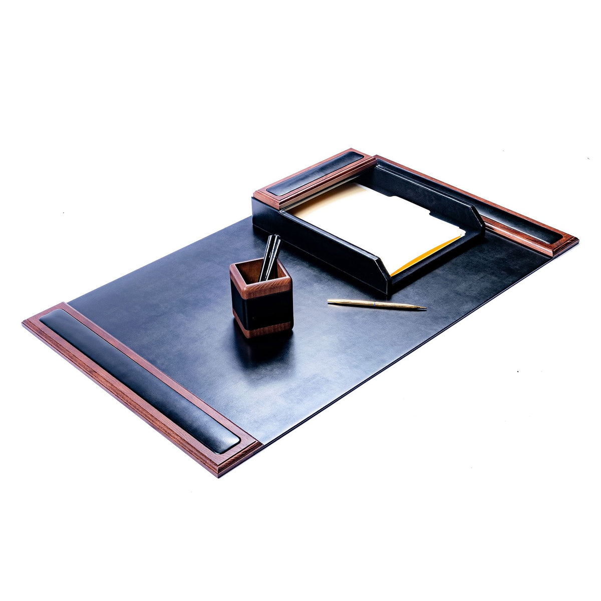 Walnut & Black Leather Desk Set, 3pc