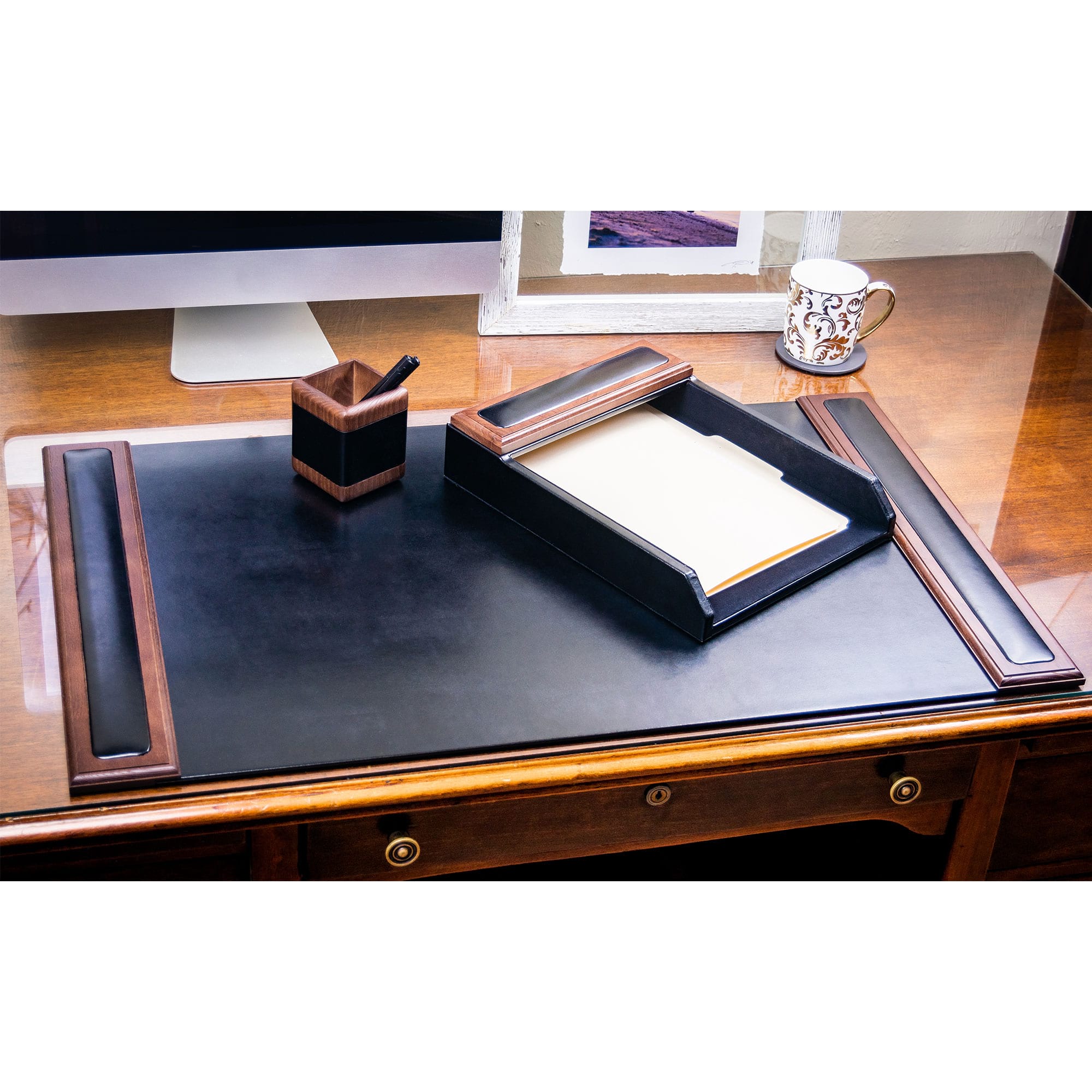 Walnut & Black Leather Desk Set, 3pc