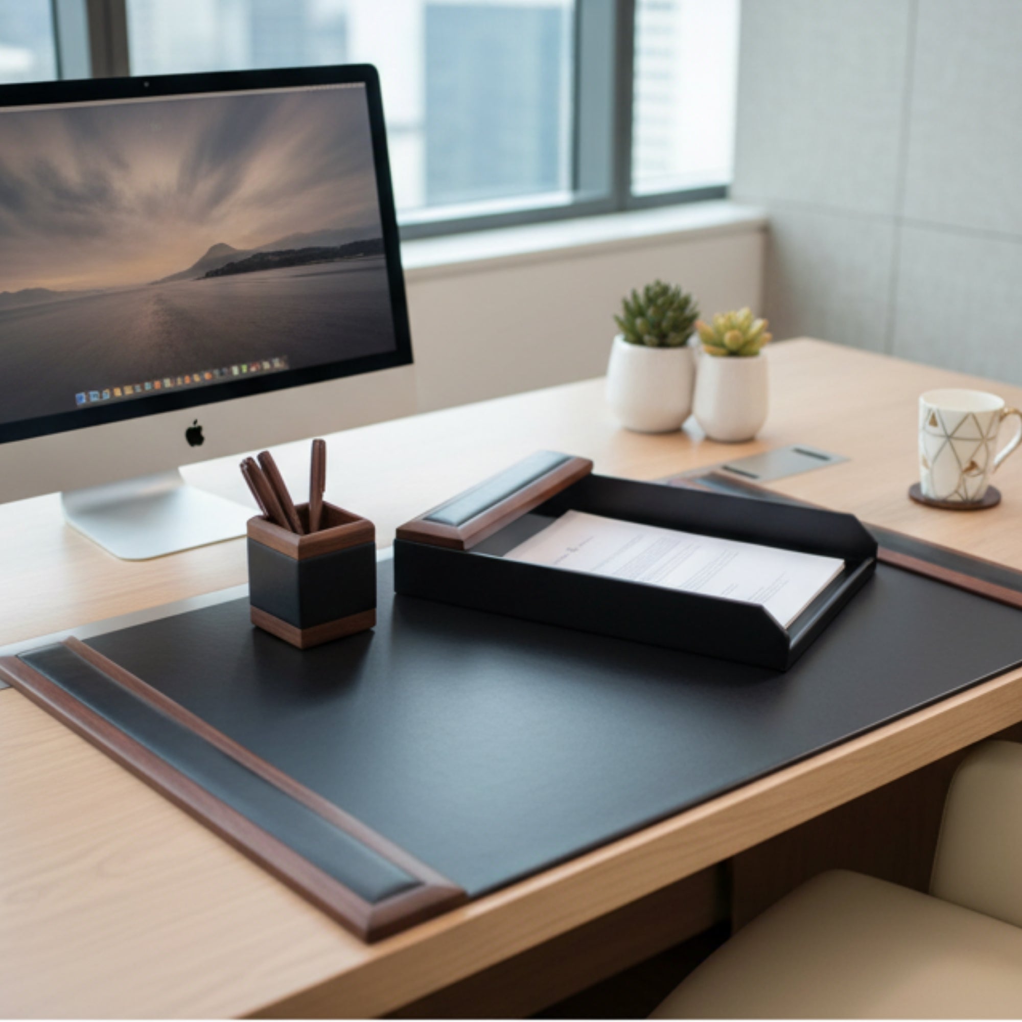 Walnut & Black Leather Desk Set, 3pc
