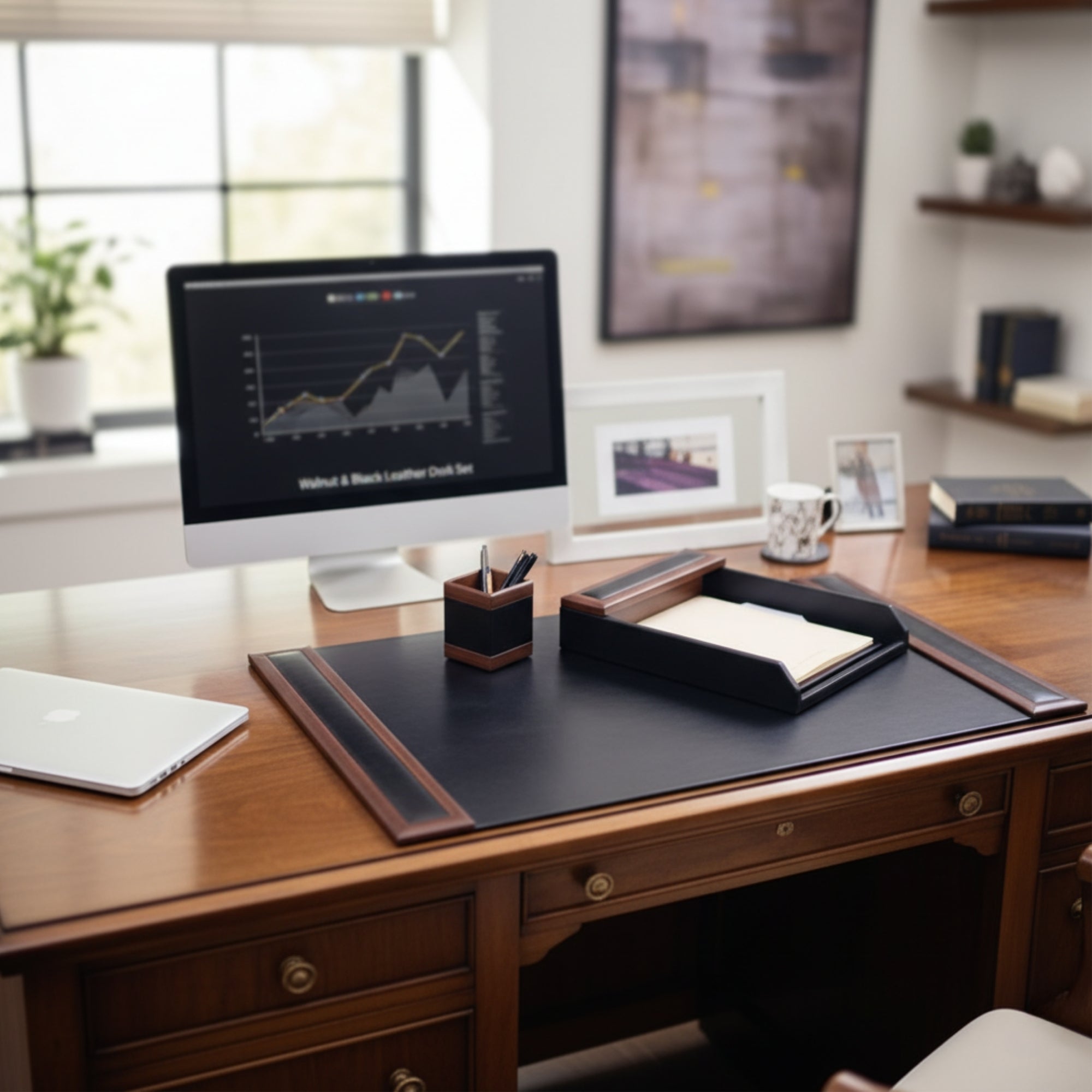 Walnut & Black Leather Desk Set, 3pc