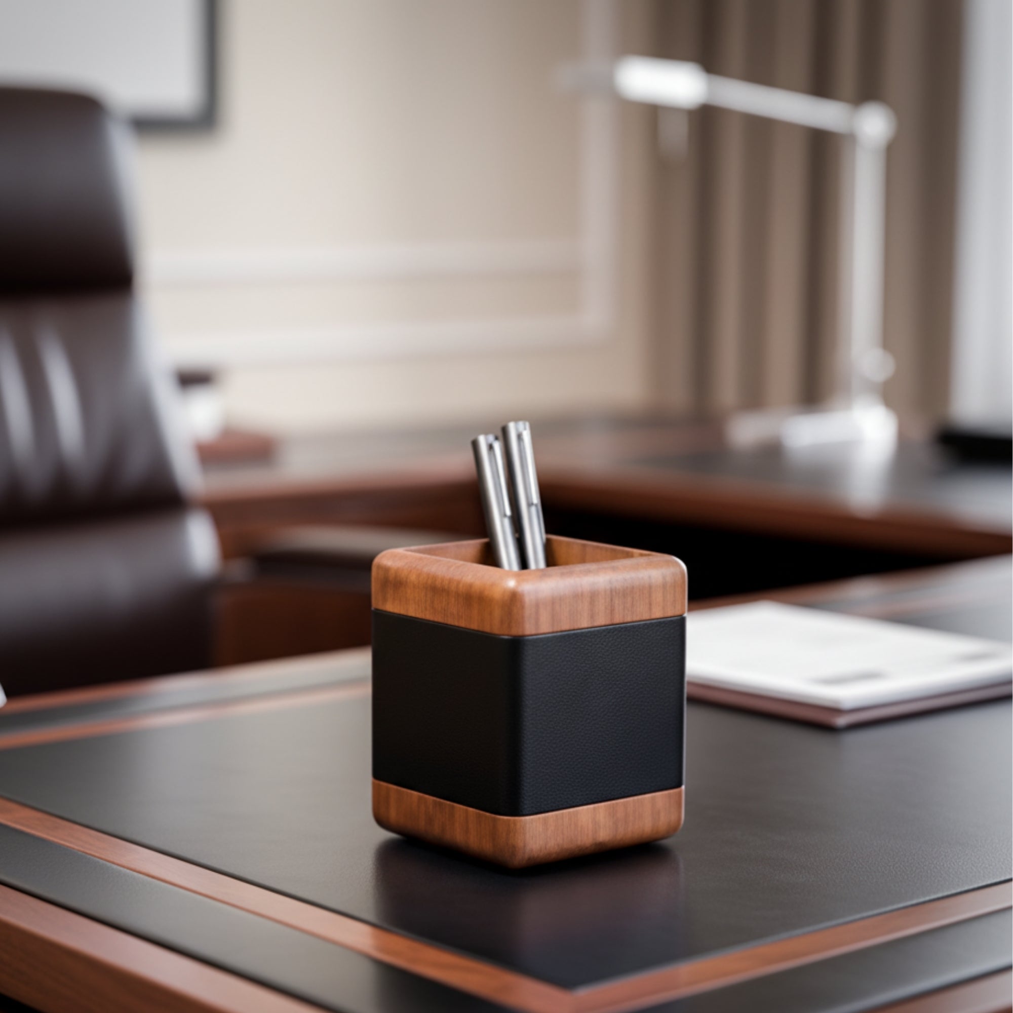 Walnut & Black Leather Desk Set, 3pc