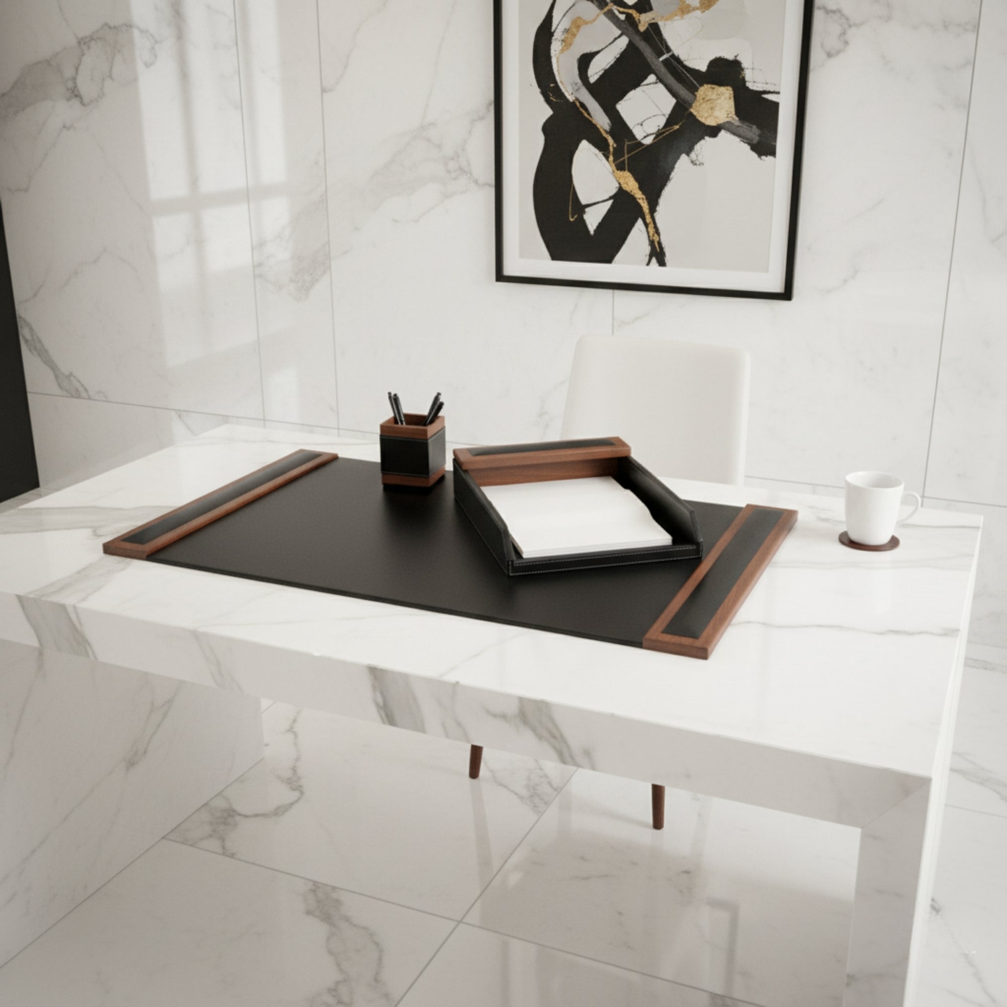 Walnut & Black Leather Desk Set, 3pc
