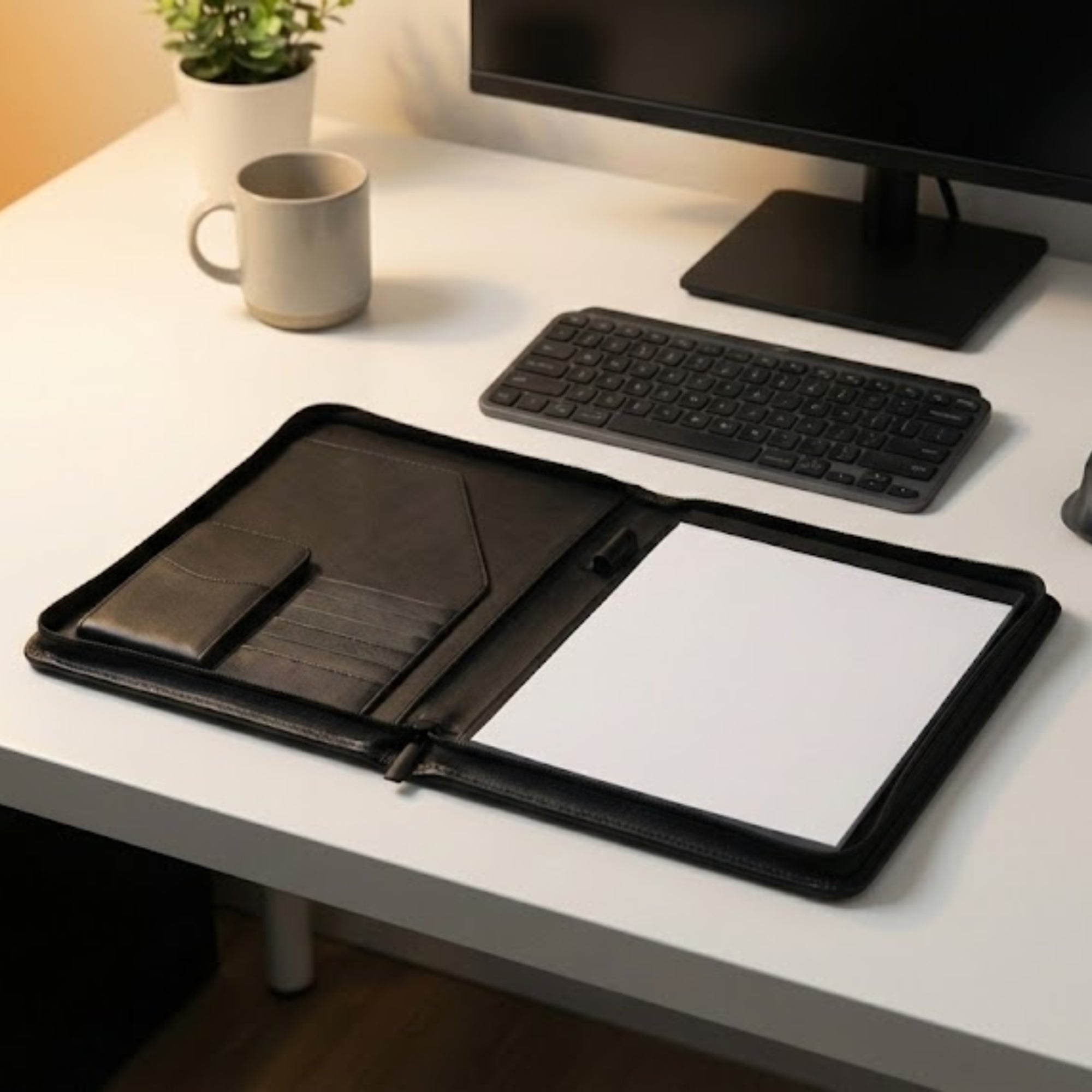 Classic Black Leather Padfolio with Zipper