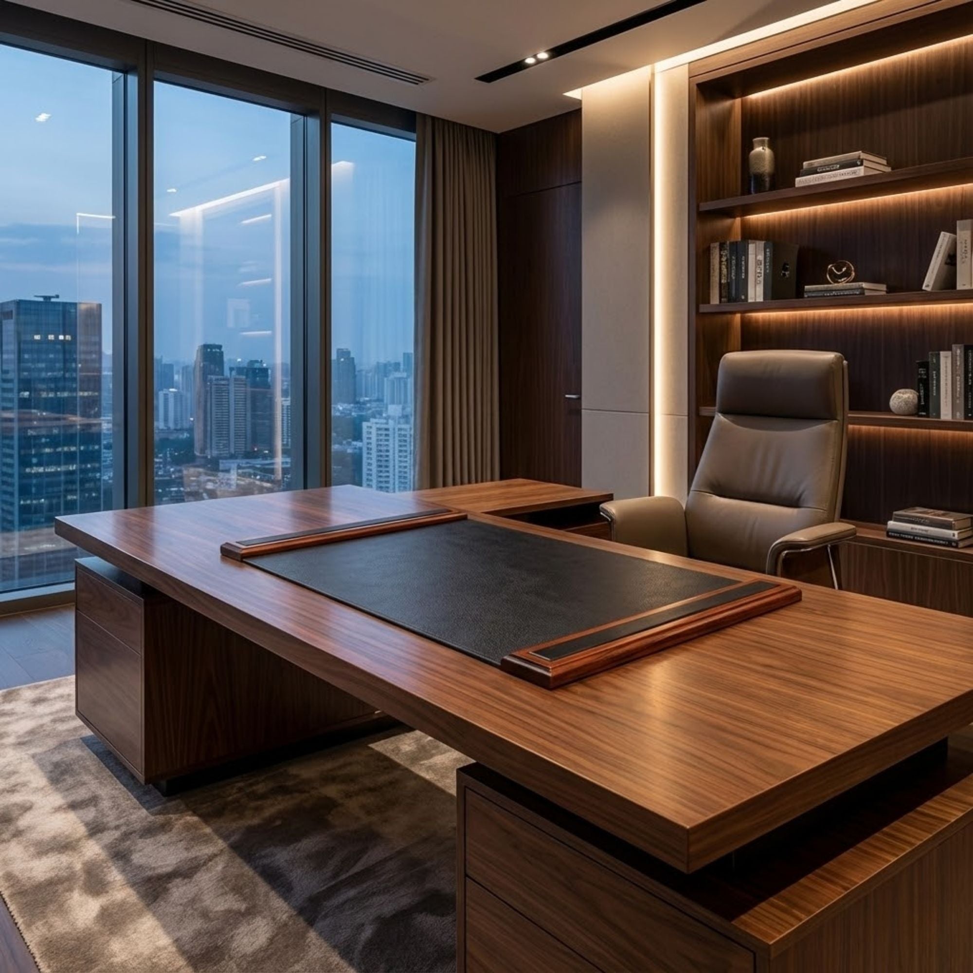 Modern office desk pad with a cityscape view from large windows