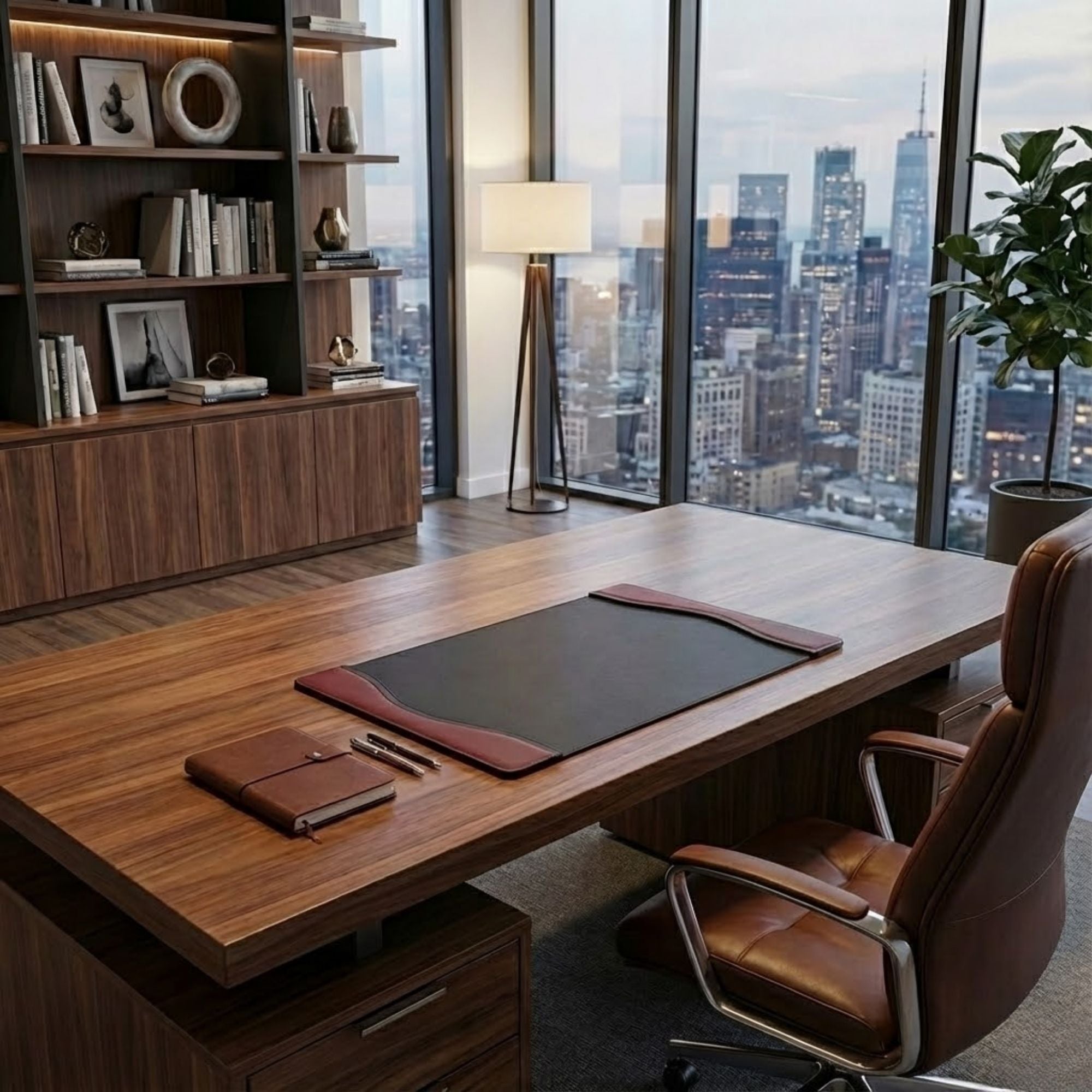 Modern office desk with a black desk pad