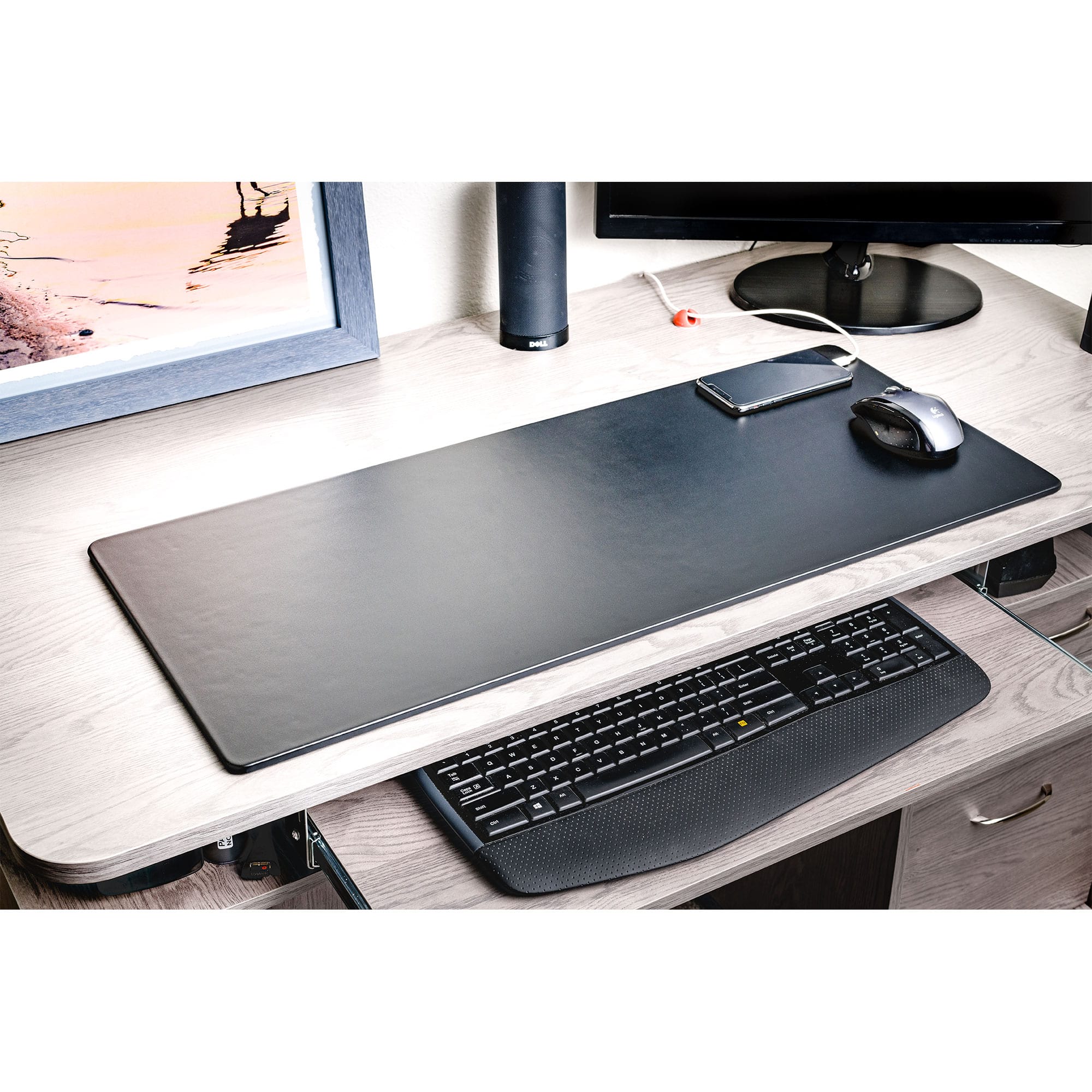 Classic Black Leather Keyboard/Mouse Desk Pad, 30 x 12.5