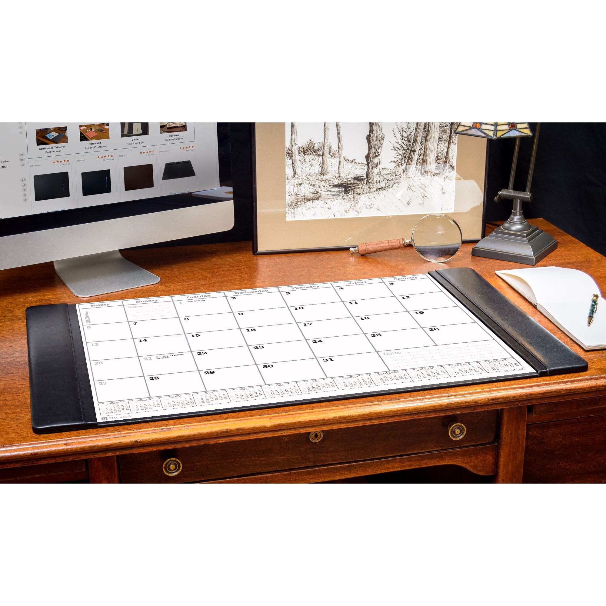 Black Leather Desk Pad w/ Calendar Insert, 34  x 20