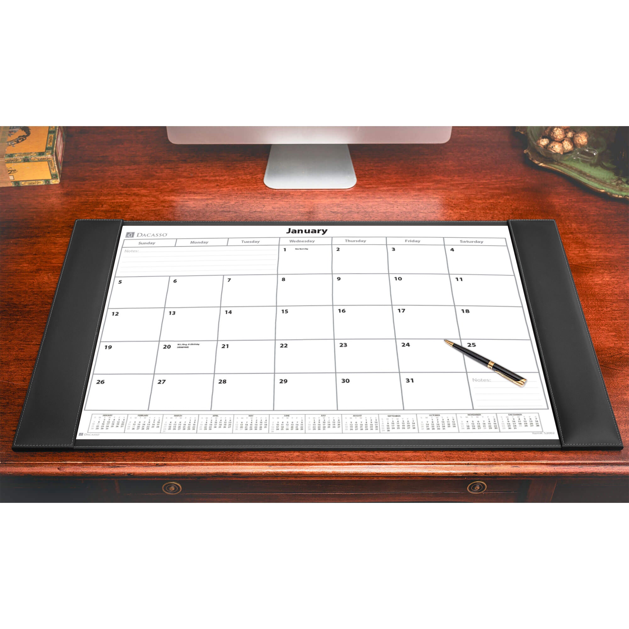 Rustic (Onyx) Black Leather Desk Pad w/ Calendar Insert, 34 x 20