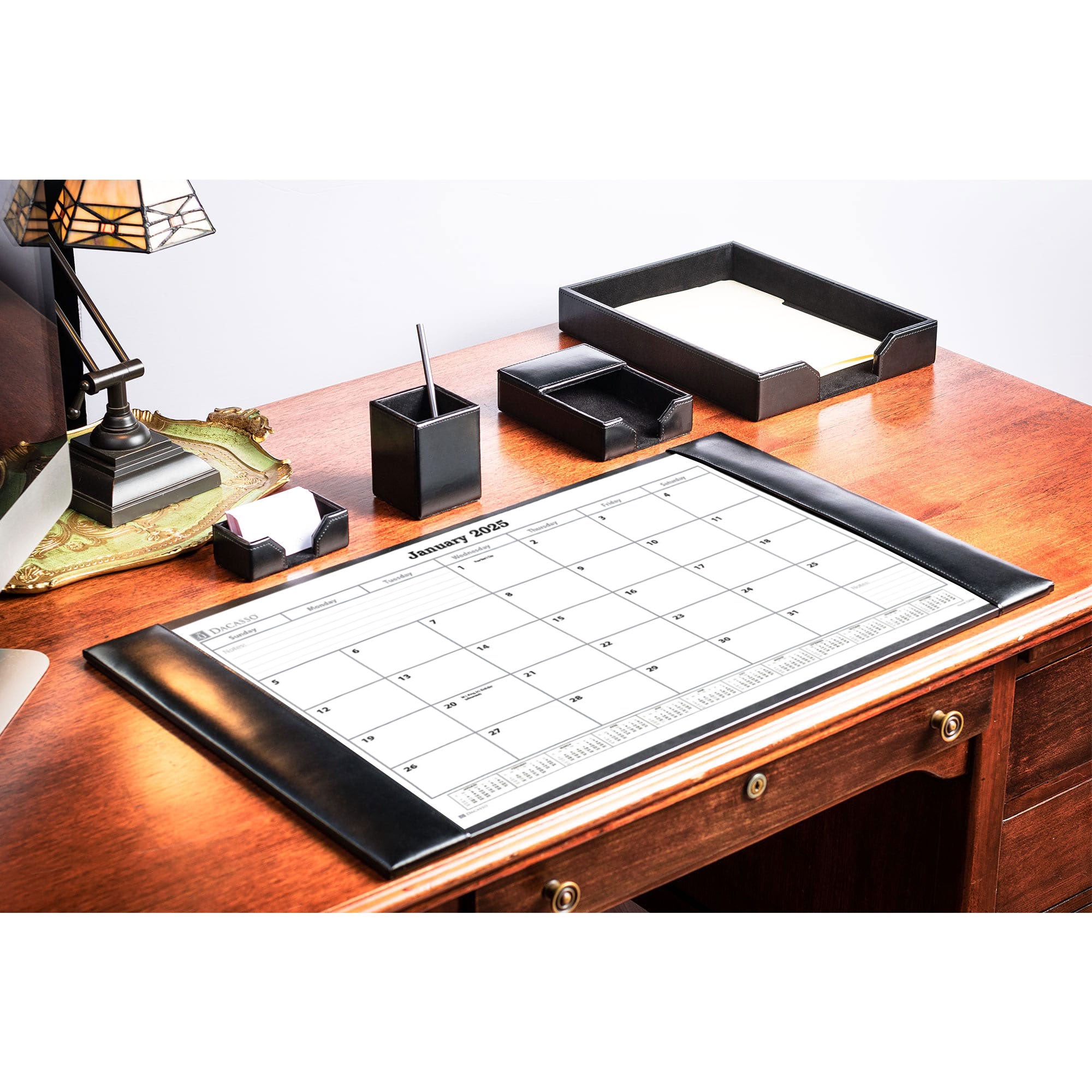 Black Bonded Leather Desk Pad w/ Calendar Insert, 30 x 18