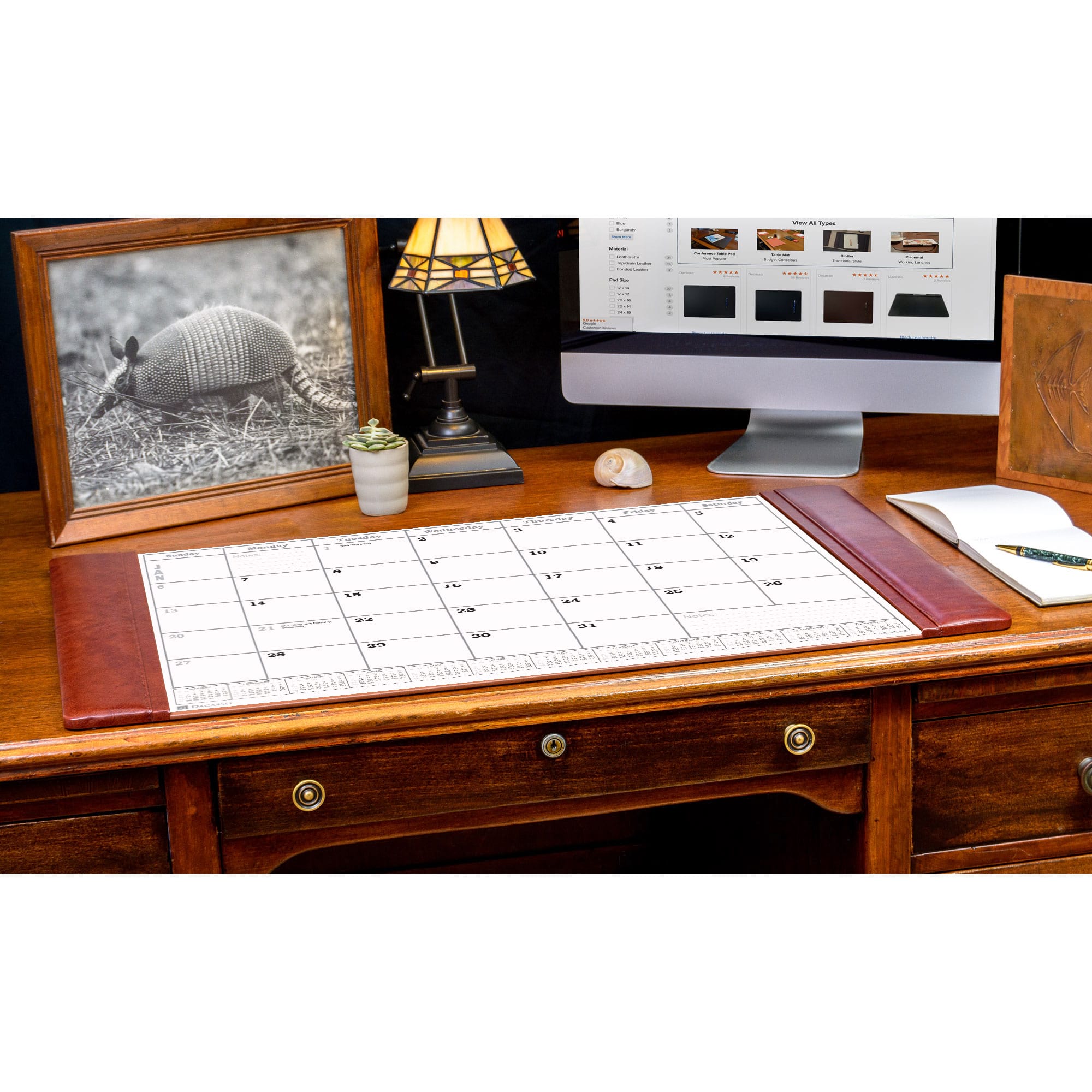 Mocha Leather Desk Pad w/ Calendar Insert, 34 x 20