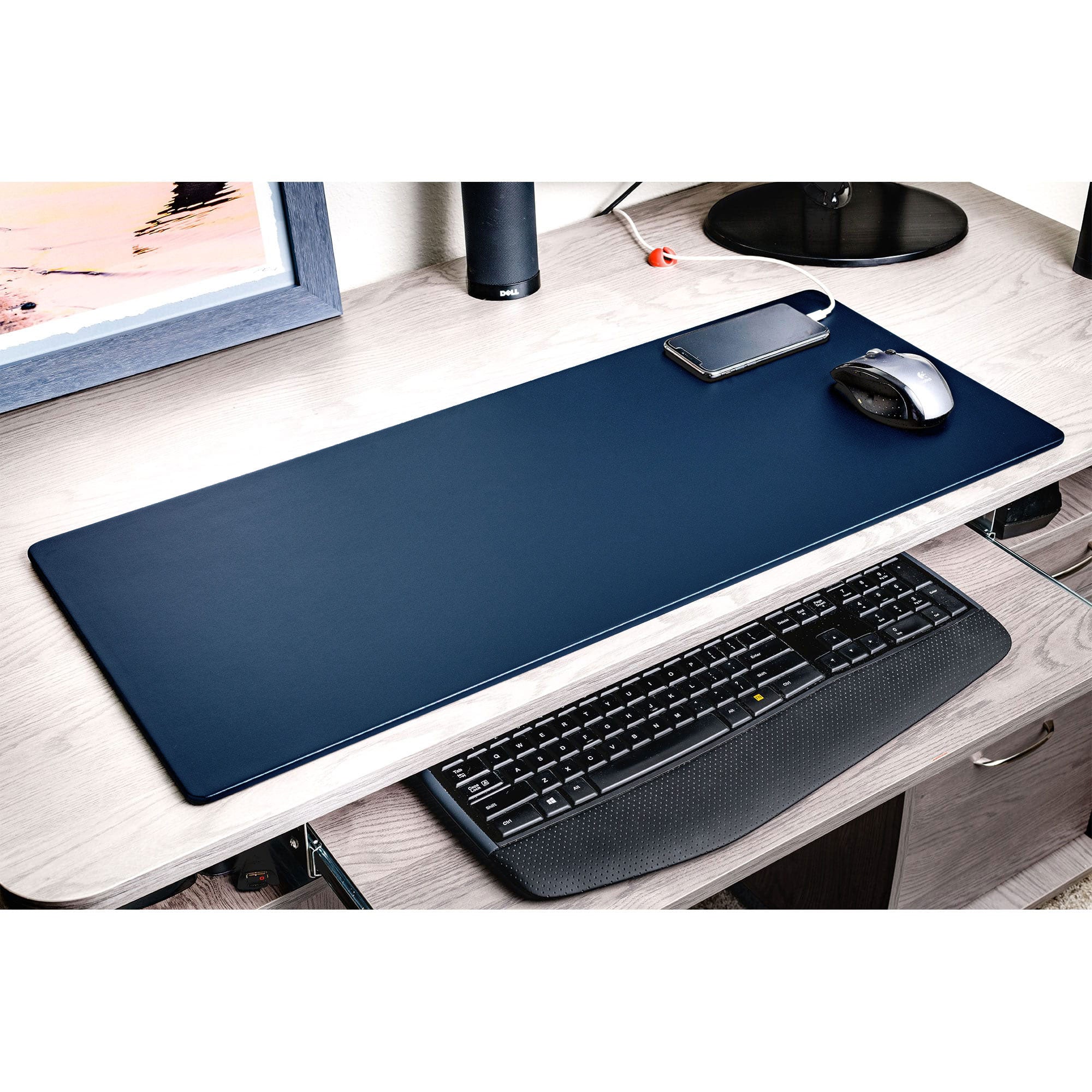 Navy Blue Leatherette Keyboard/Mouse Desk Pad, 30 x 12.5