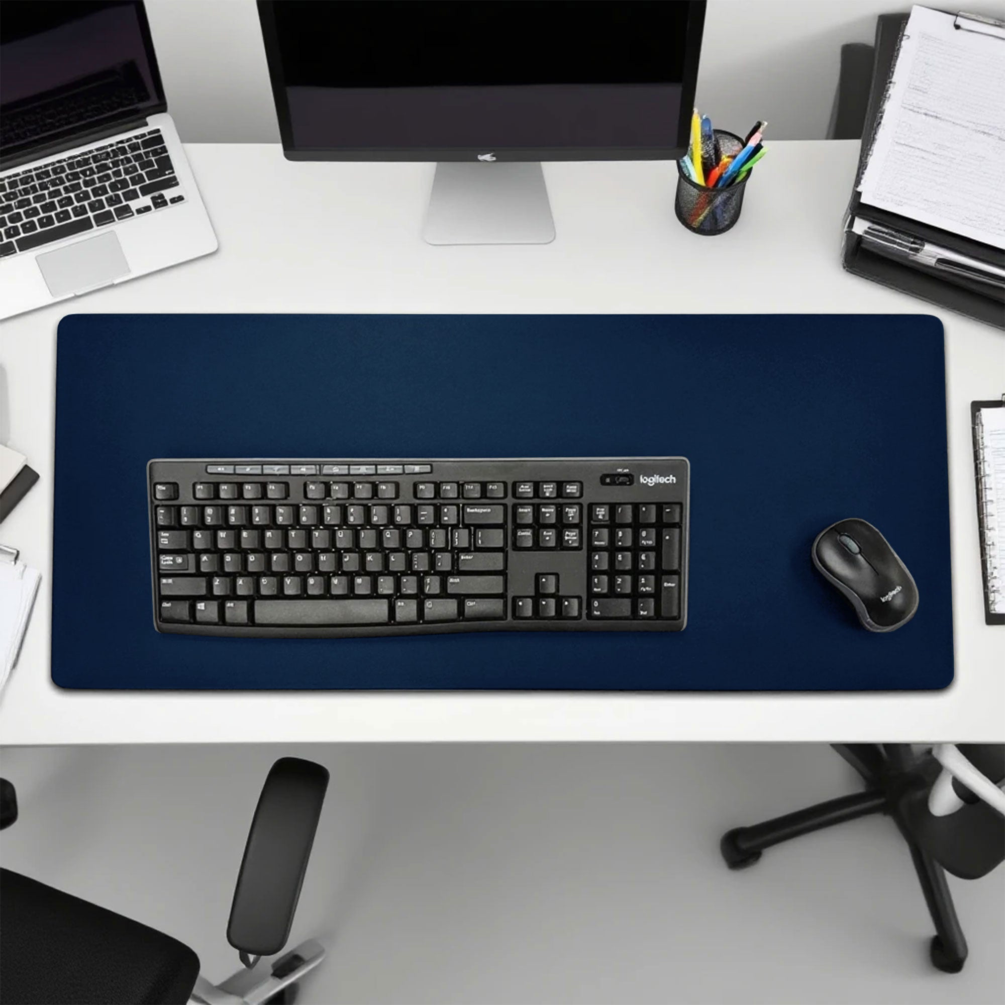 Navy Blue Leatherette Keyboard/Mouse Desk Pad, 30 x 12.5