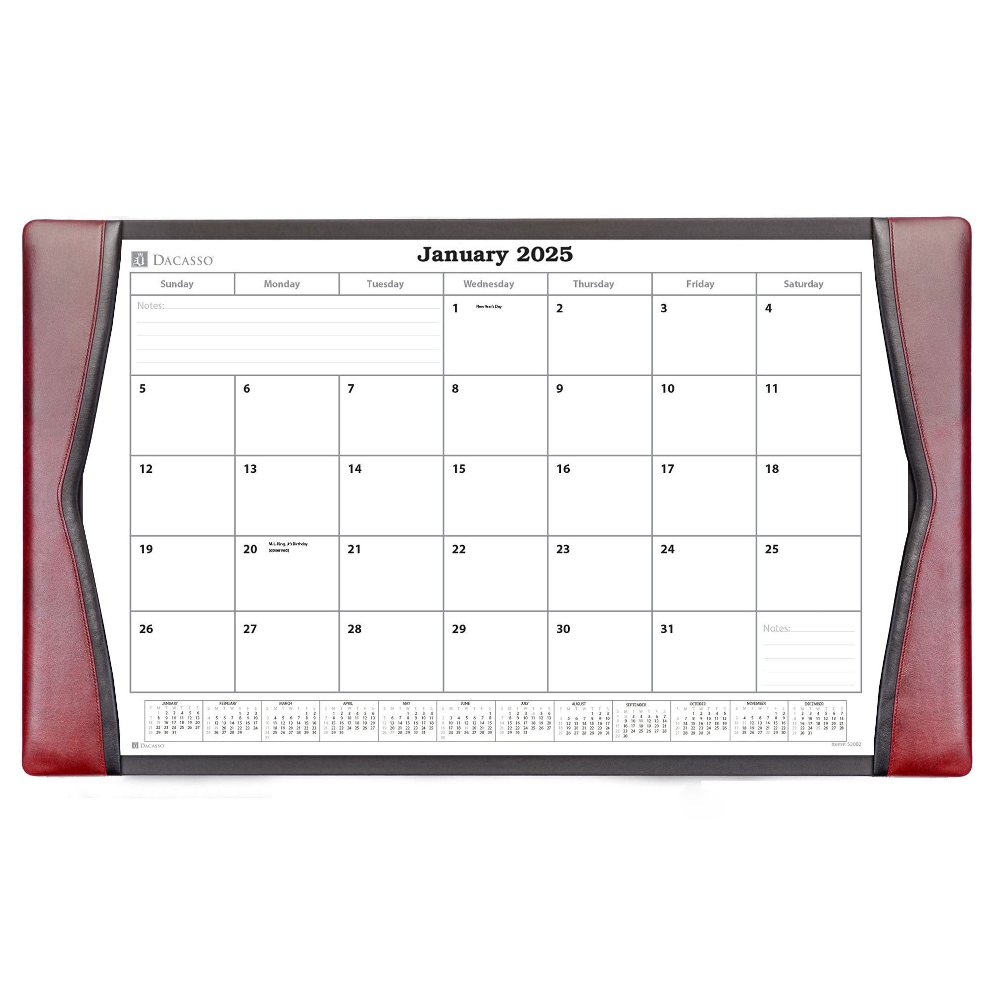 Burgundy Leather Desk Pad w/ 2026 Calendar Insert, 34 x 20