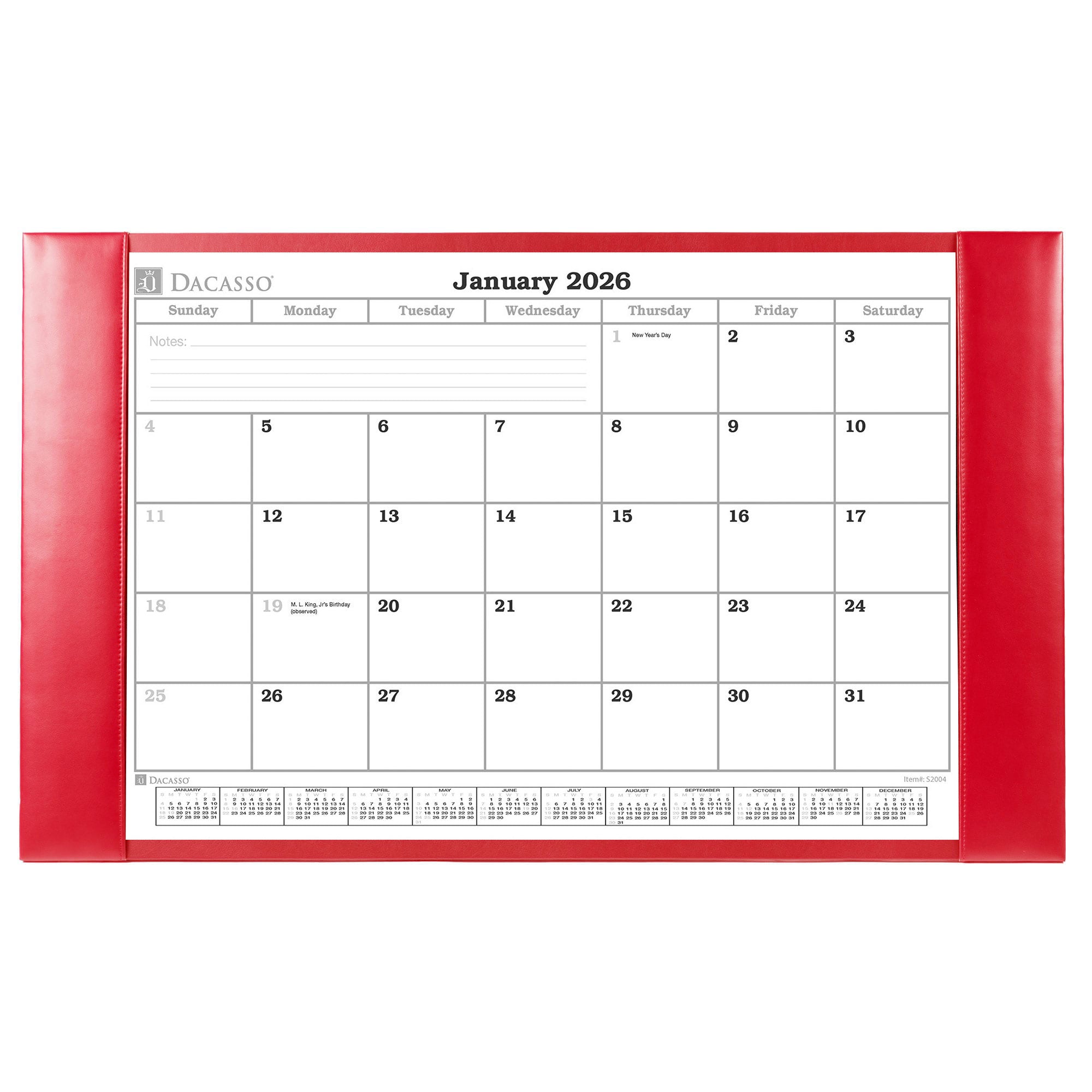 Red Bonded Leather Desk Pad w/ 2025 Calendar Insert, 30 x 18