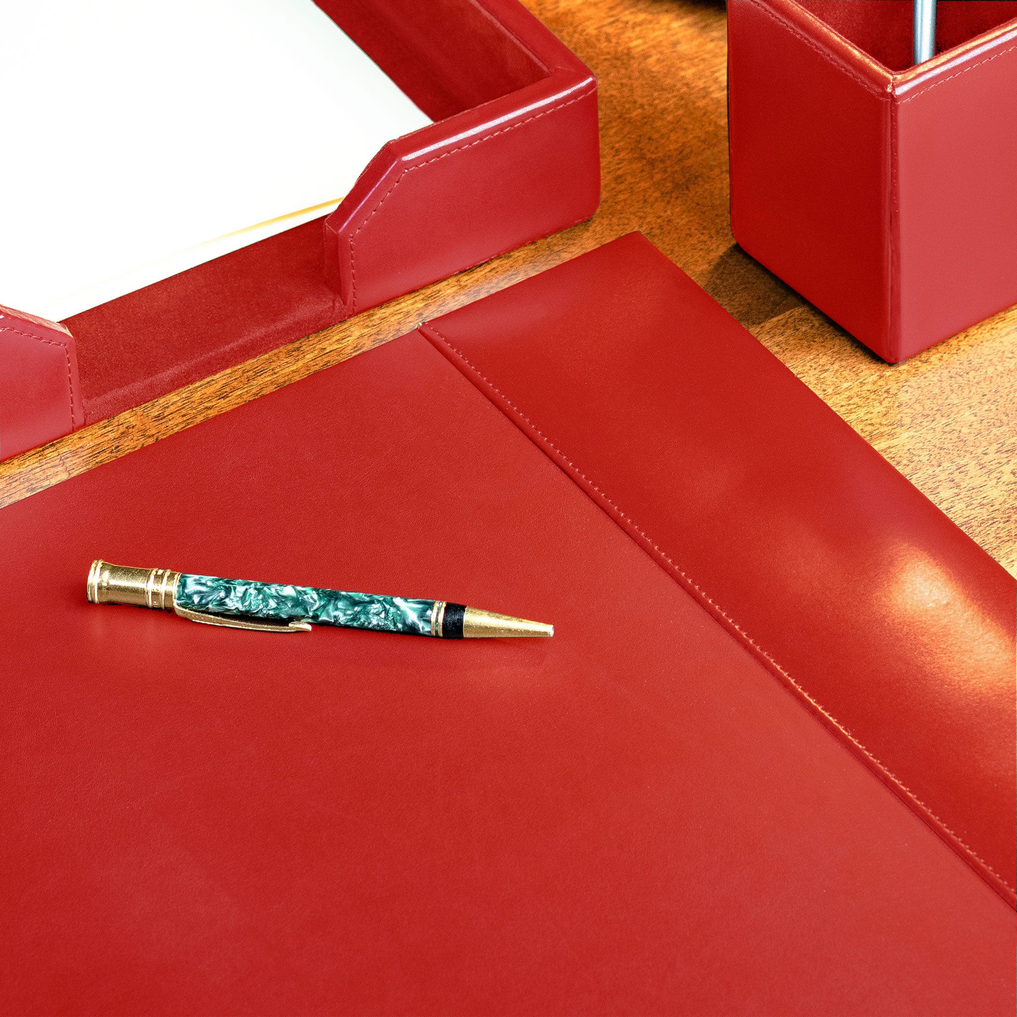 Red Bonded Leather Desk Pad w/ 2025 Calendar Insert, 30 x 18