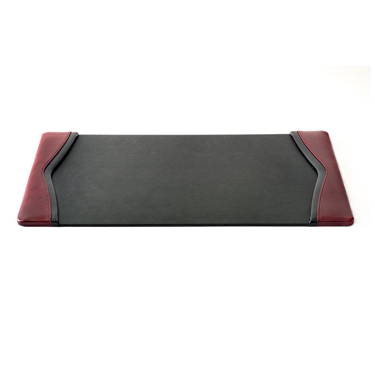 Rectangular black and red desk mat on a white background