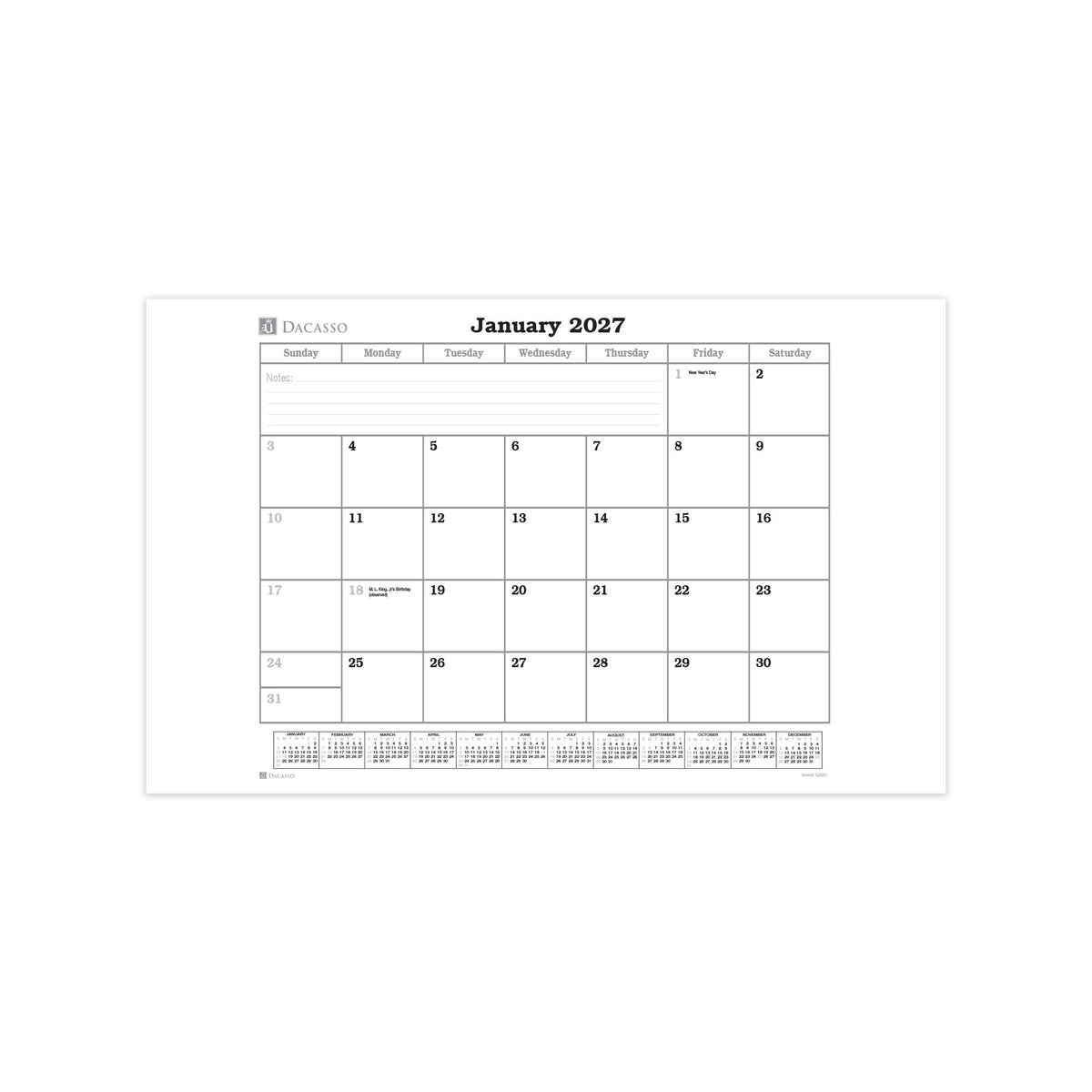 Desk Pad 2027 Monthly Calendar Insert, 24.5 x 16