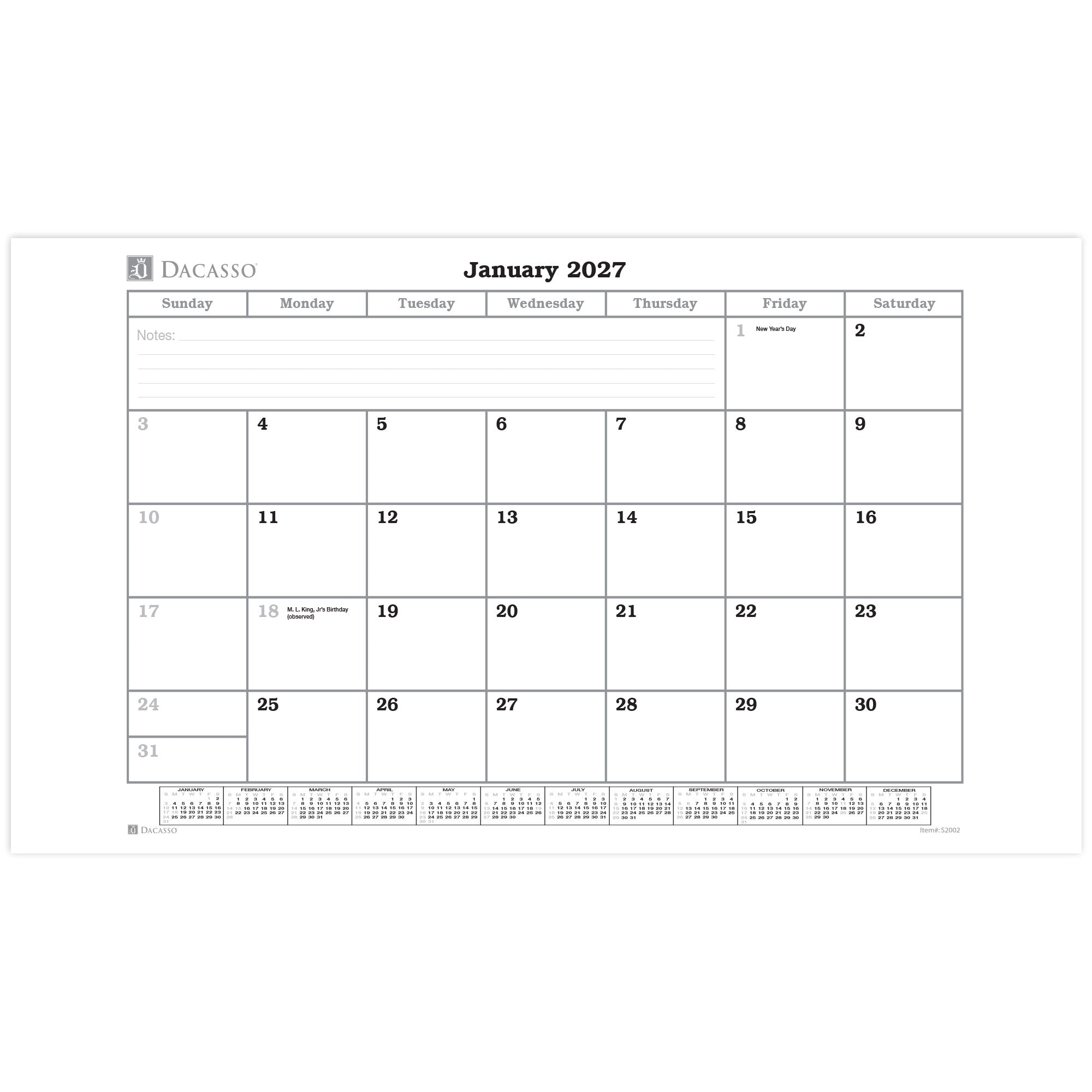 Desk Pad 2027 Monthly Calendar Insert, 32.875 x 18.875