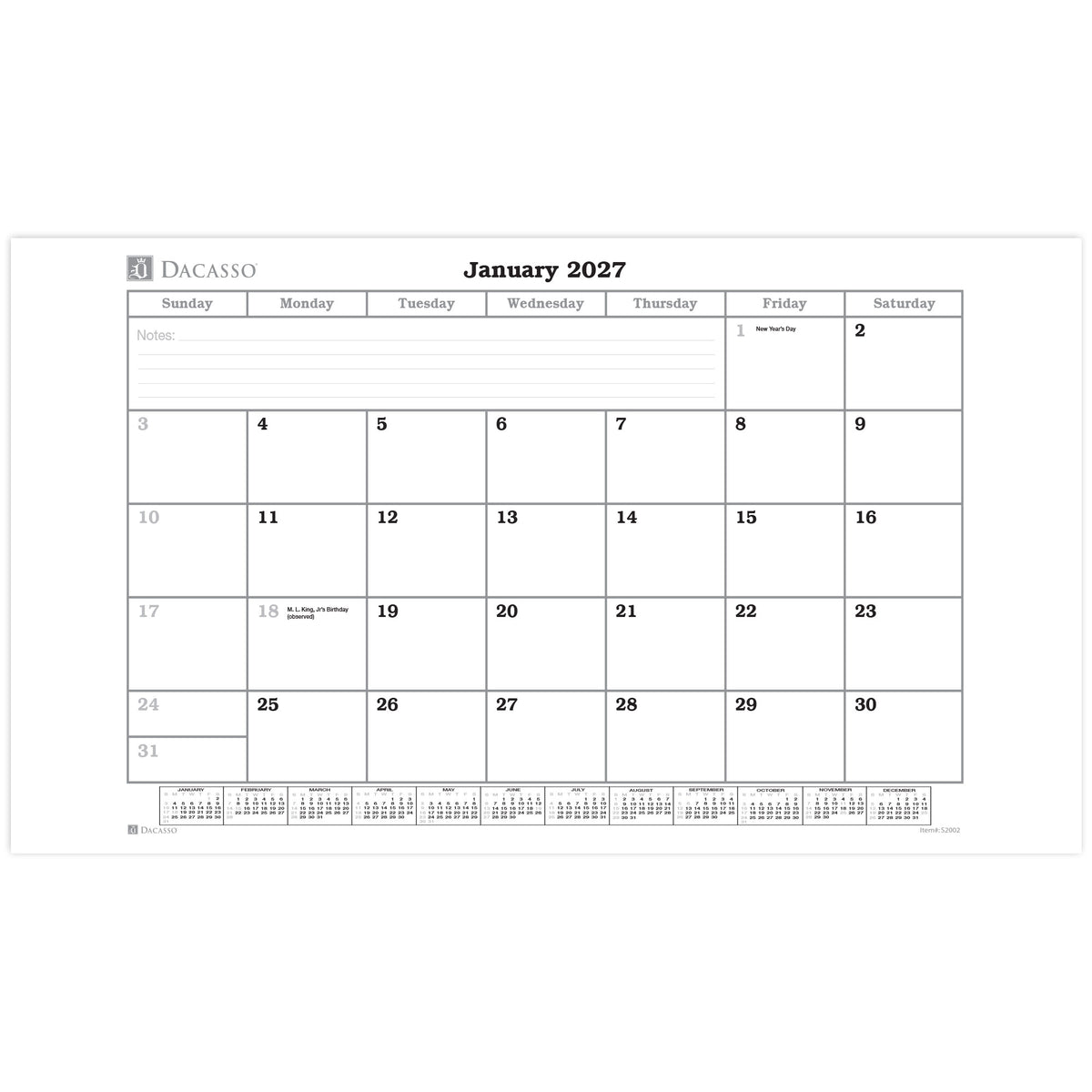 Desk Pad 2027 Monthly Calendar Insert, 32.875 x 18.875