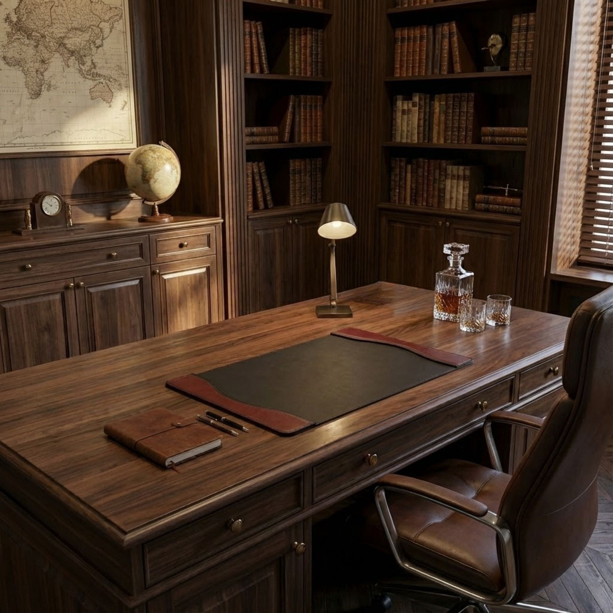 Wooden desk with leather chair in a room with bookshelves and world map