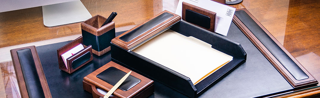 Leather Desk Set - Leather Organizer Desk Set - Walnut Wood Desk